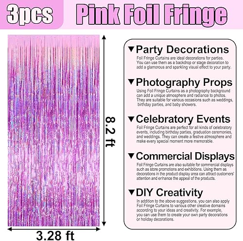 Miniatura 2 de Paquete de 3 cortinas de flecos de papel de aluminio rosa, 3.28 pies x 8.2 pies, cortinas metálicas de oropel para accesorios de cabina de fotos,