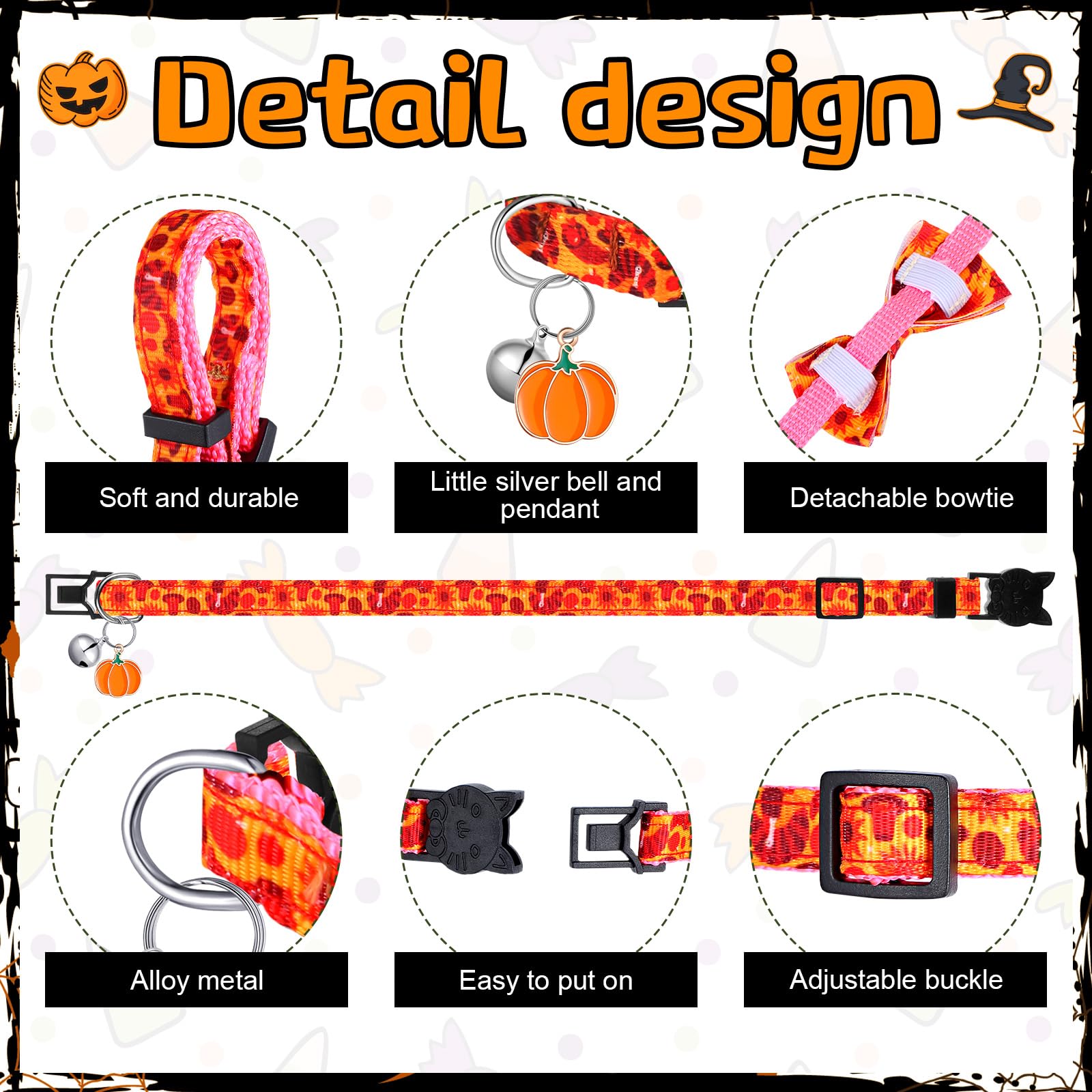 15 collares de gato para Halloween, collares de gato para otoño, Acción de Gracias, collares de gato con campana, collares ajustables para gatos de Navidad con hebilla de plástico, collar de gatito