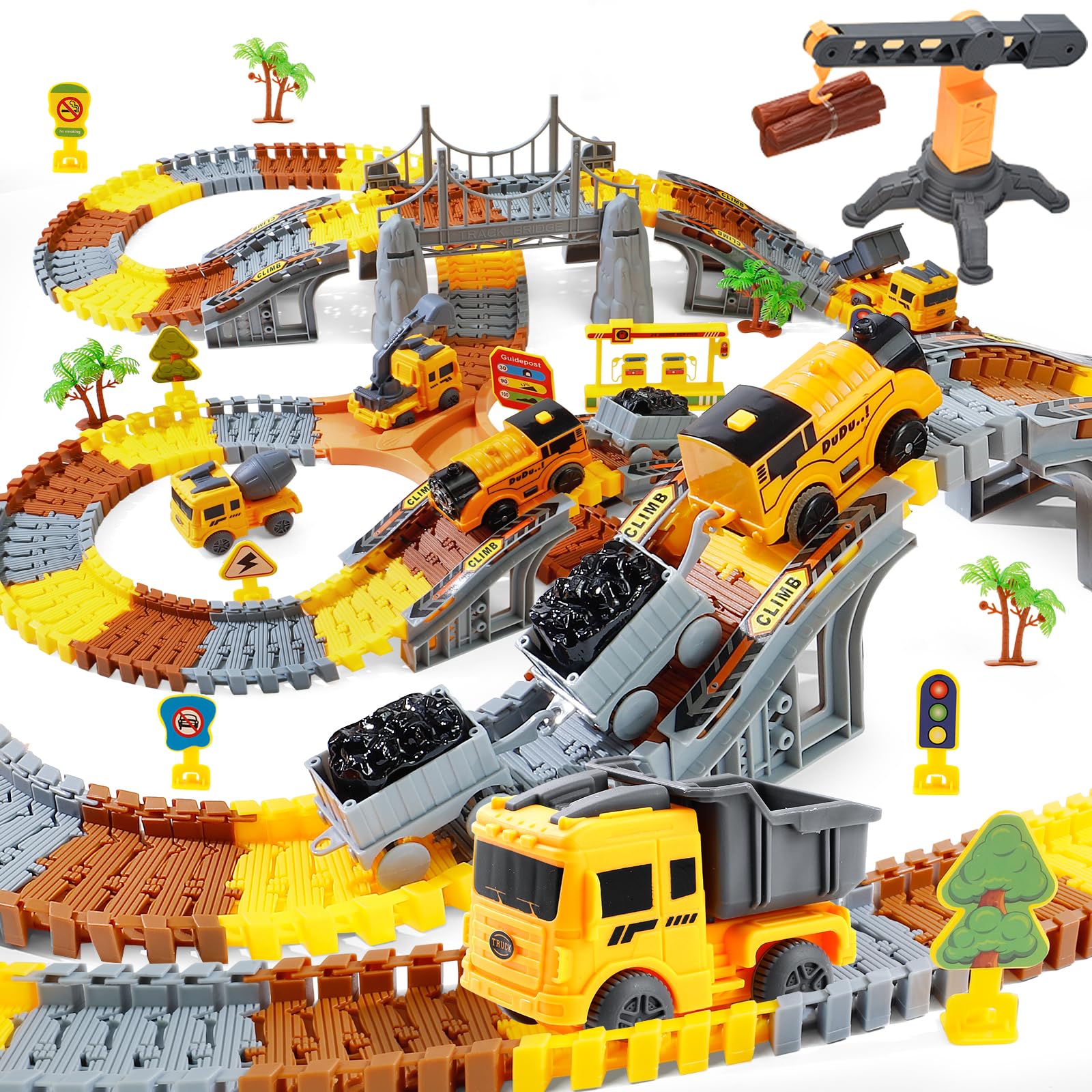 281 PCS Race Tracks Construction Toys for 3 4 5 6 7 8 9 Year Old Boys Girls, 4 PCS Truck Car, Tower Crane, Toddler Track for 4-6, Christmas Birthday