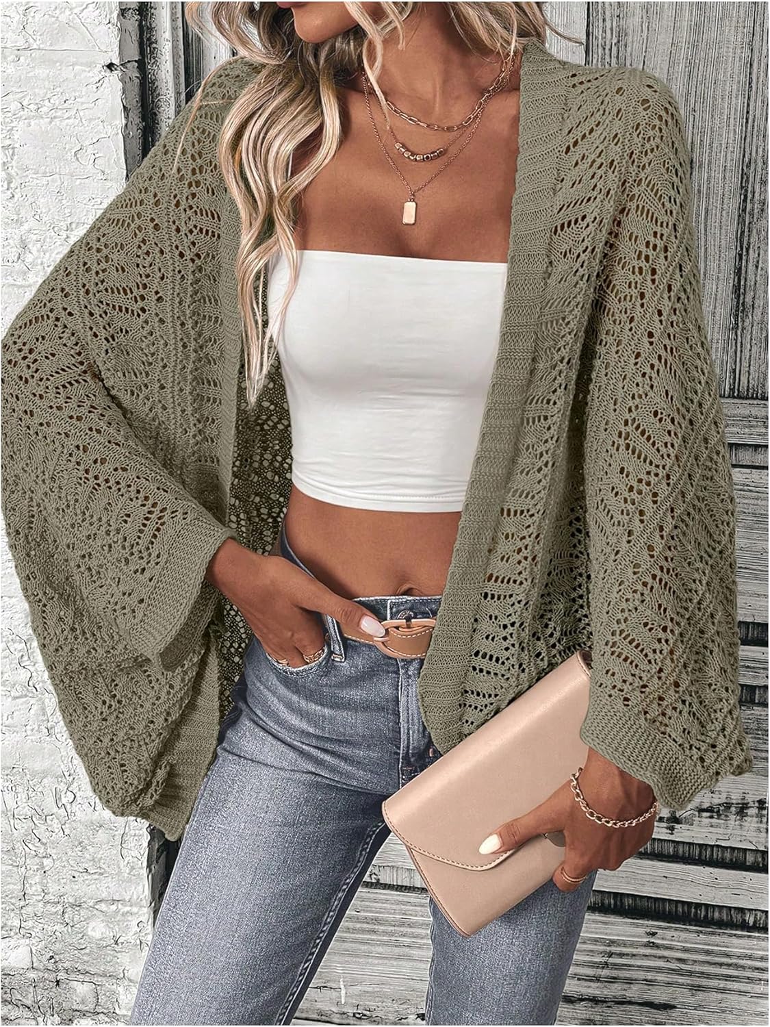 SHENHE Women's Open Front Loose Hollow Out Casual Dolman Sleeve Asymmetrical Cardigan Sweater Spring Outerwear - Image 4