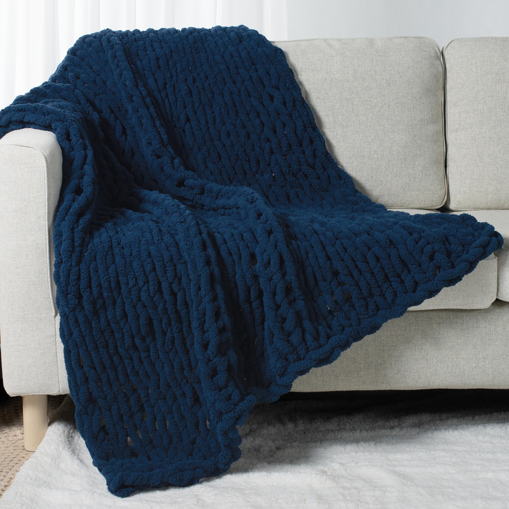 Chunky Knit Throw Blanket 60" X 80" Twin, 100% Hand Made Large Chenille Loop Yarn Soft Fluffy Throws for Couch Sofa Bed, Big Crochet Cozy Heavy Thick Cable Woven Blanket, Navy Blue