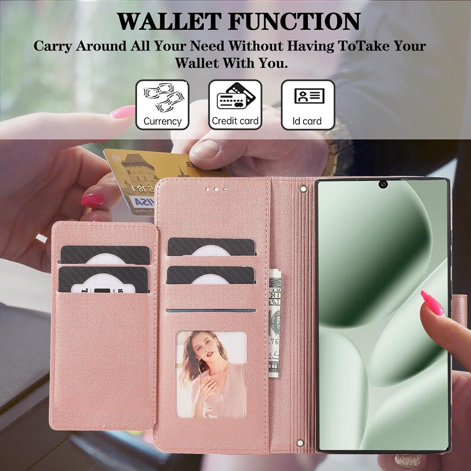 Compatible with Google Pixel 9 Pro XL/10 Pro XL Wallet Case Wrist Strap Crossbody Strap, Mirror PU Leather Flip Stand Cell Phone Cover for Pixel9 9Pro Nine Pixel10 10Pro LX Women Men Rose Gold