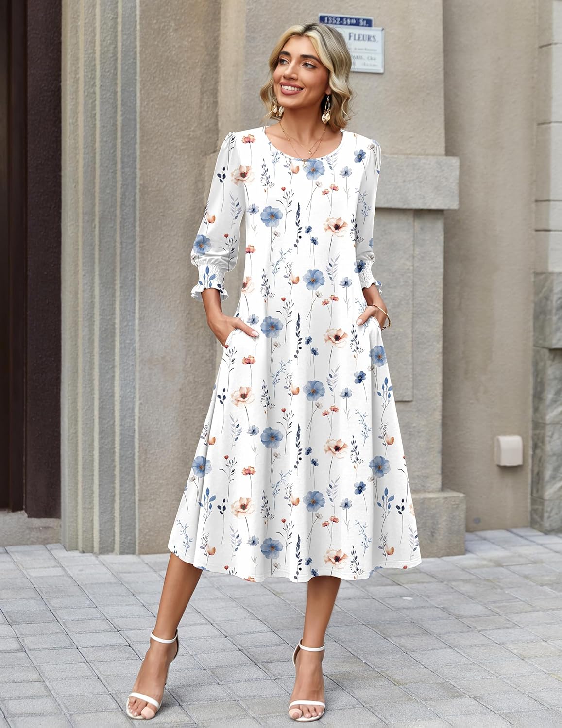 Zeagoo Summer Dresses for Women 2026 3/4 Sleeve Dress for Women Floral Midi Dresses for Casual Womens Dresses with Pockets - Image 4