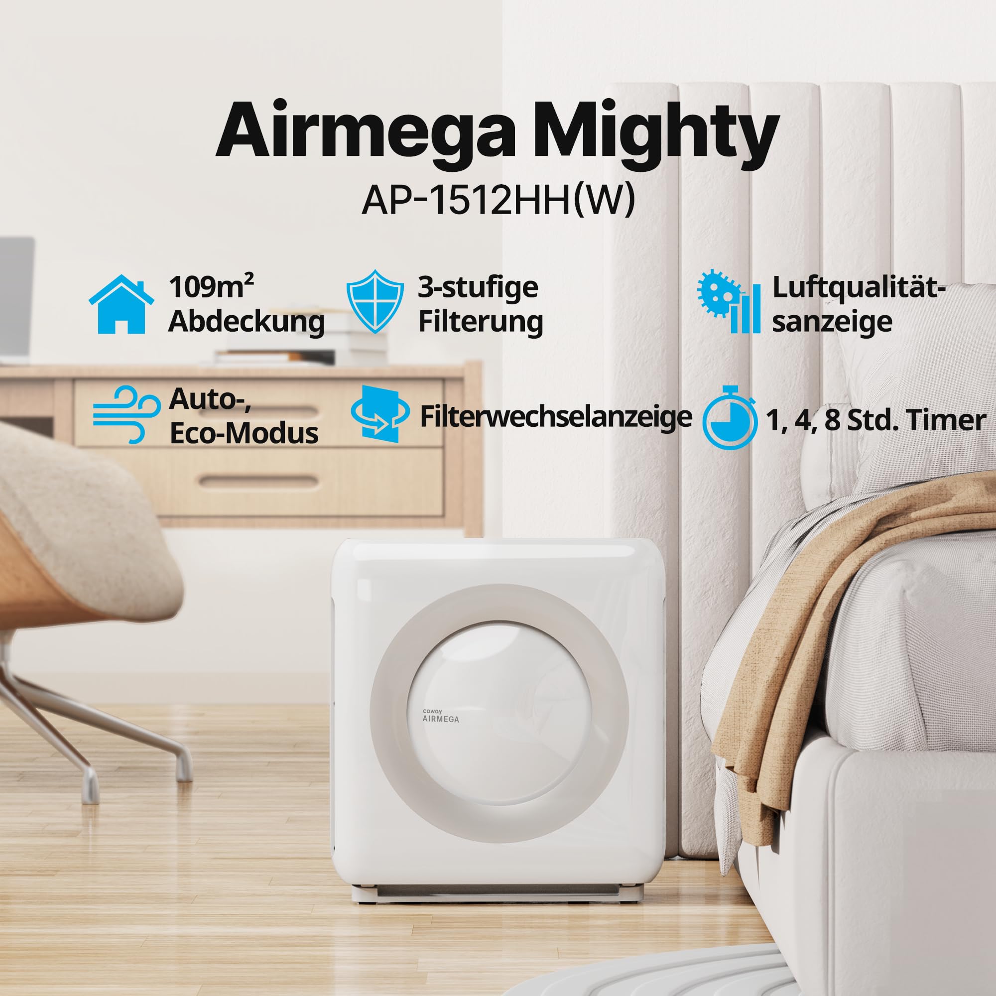 COWAY Luftreiniger Allergiker, Energiesparender ECO-Modus, Entfernt 99,999% der schädlichen Partikel bis zu 0,01 µm, für Allergie (ECARF Siegel) Staub Pollen, CADR 421m³/h, ap-1512hh MIGHTY (Weiß)