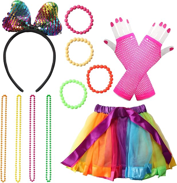 Nuts OT nuts 80 Fancy Dress Costume Accessories Rockstar Fancy Dress Neon Rainbow Tutu with Neon Rainbow Dress Glove Bracelets Necklaces Lace Bow Headband 80 s Costume Set For Women