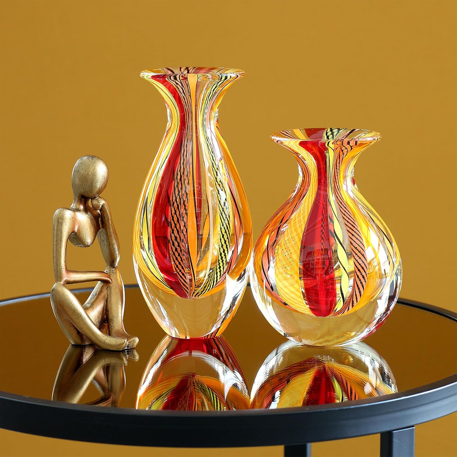 Ca D Oro Pair of Small Glass Vases Boho with Red/Yellow Canes Hand Blown Murano-Style Art Glass - Models Nº 2/3