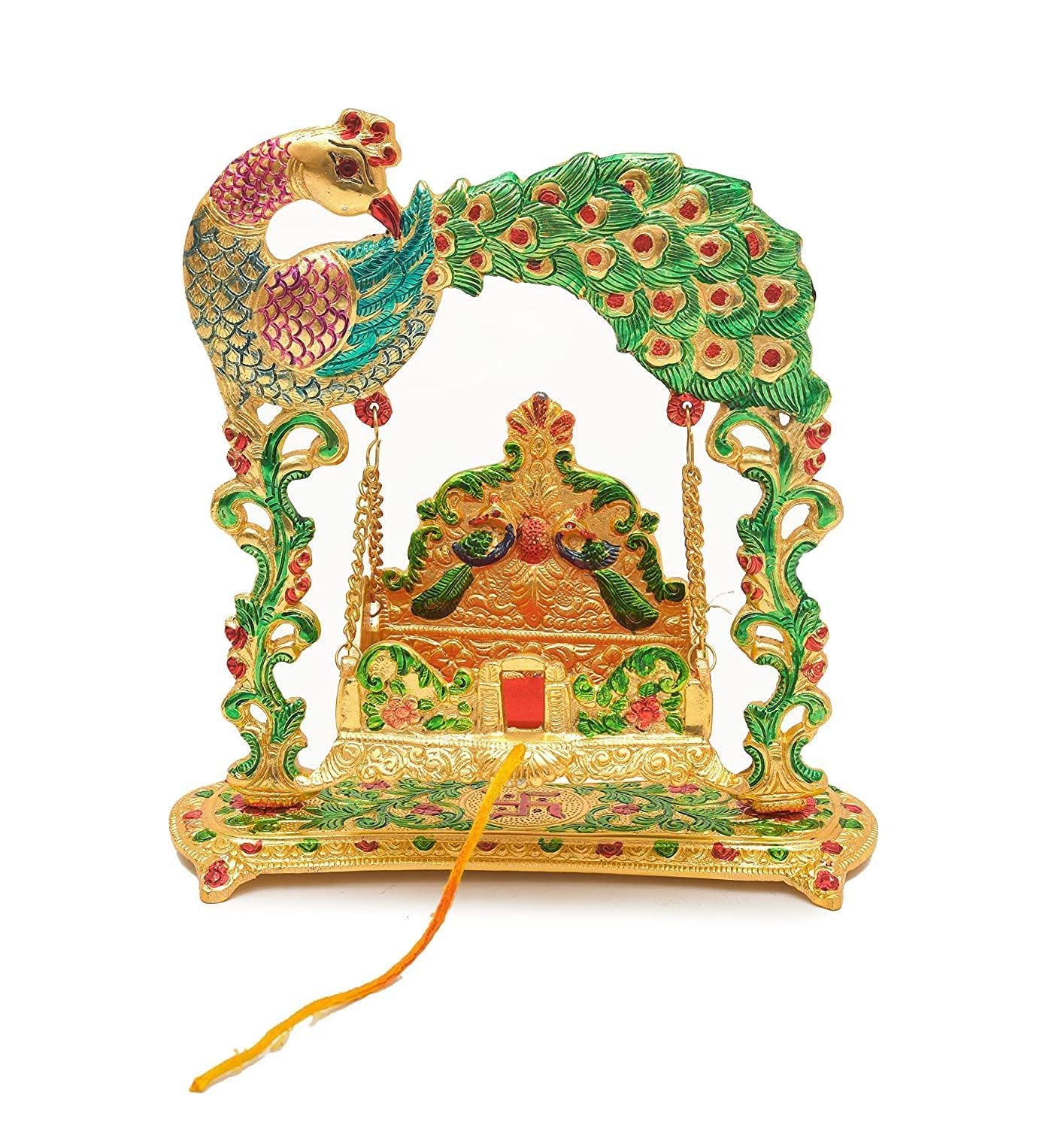 LABHCART Metal laddu Gopal Jhula Palna for Laddu Gopal Ji, Krishna Swing Palna with Peacock Design Decorative Showpiece, Radha Rani (for 0 to 3 Number)(D12)-image-45
