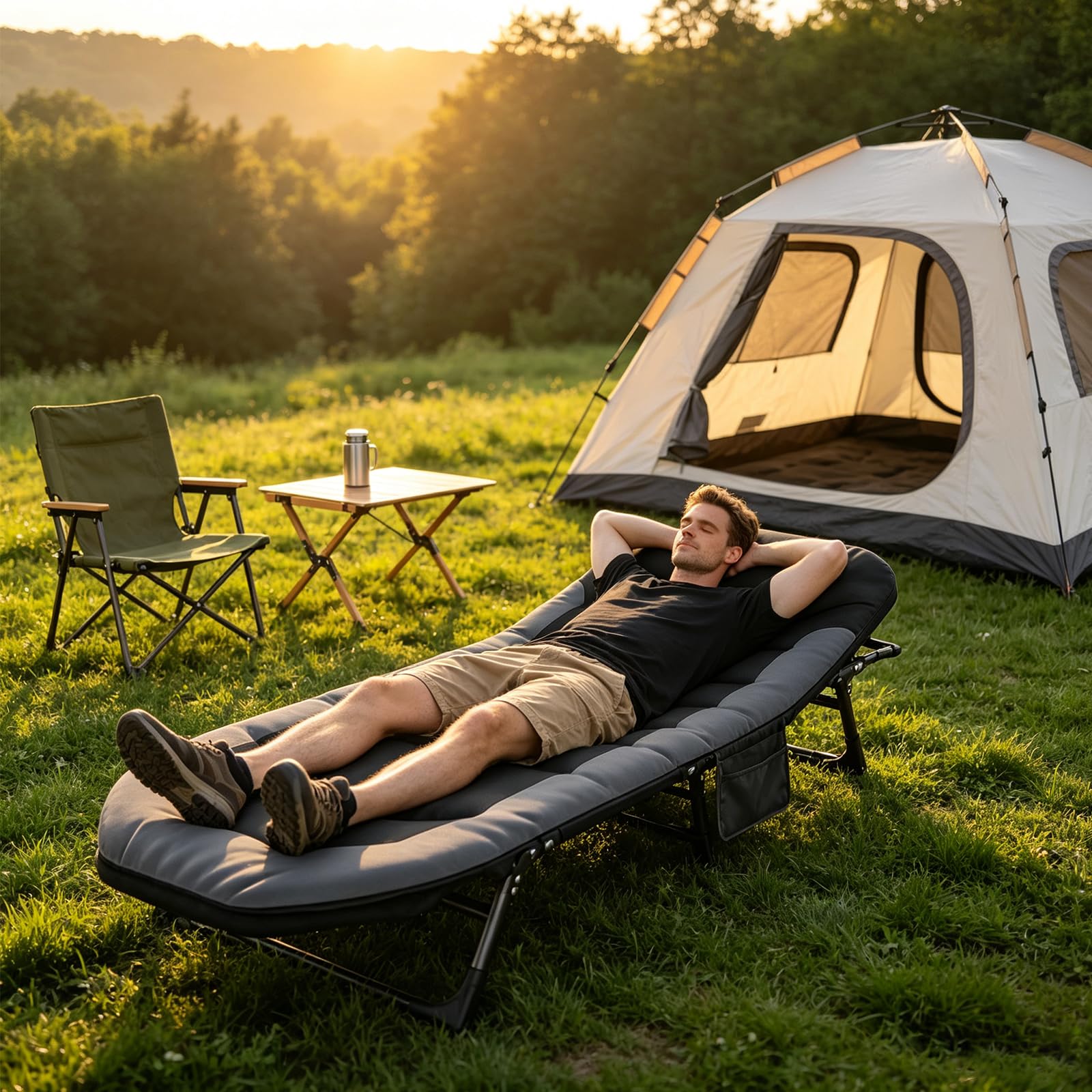 Lit de Camping Pliable XXL, Lit de Camp Pliant avec 6 Dossiers Réglables, Chaise Longue Pliable, Matelas et Poche Latérale Inclus, pour Intérieur, Extérieur, Jardin, Pêche(Gris)