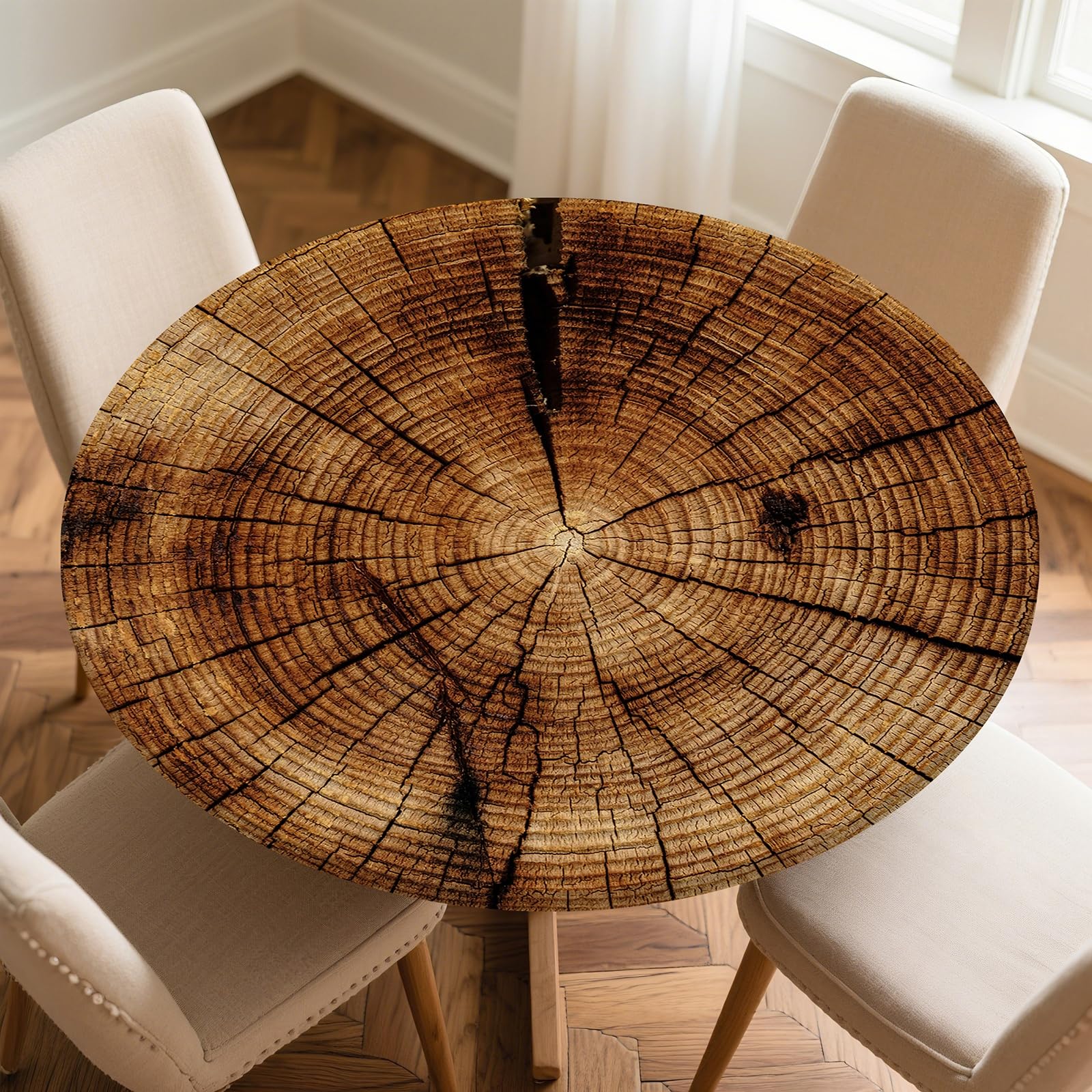 Odot Round Tablecloth Wipe Clean 60-160cm, Wood Grain Effect Round Outdoor Table Cover Fitted Elastic Edged Washable Circle Table Cloth Protector Decorative for Kitchen Dining Room (Wood Grain,160cm)