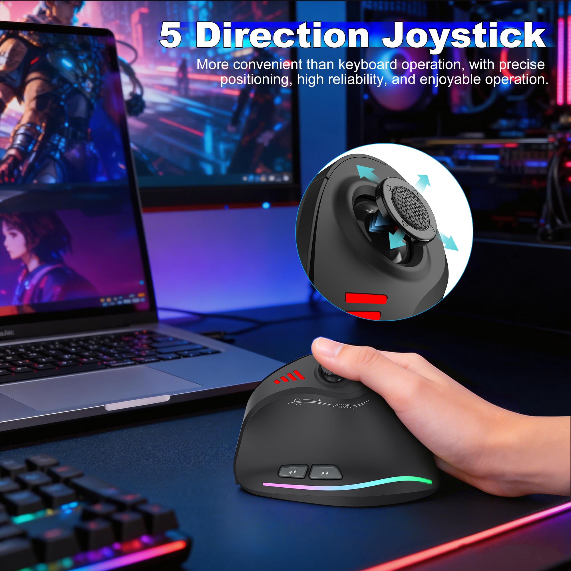 TRELC Ratón inalámbrico para juegos con balancín 5D, 24000 DPI/11 botones programables, mouse ergonómico vertical para conexión de 2 dispositivos (BT+2.4GHz), ratones recargables para PC/portátil