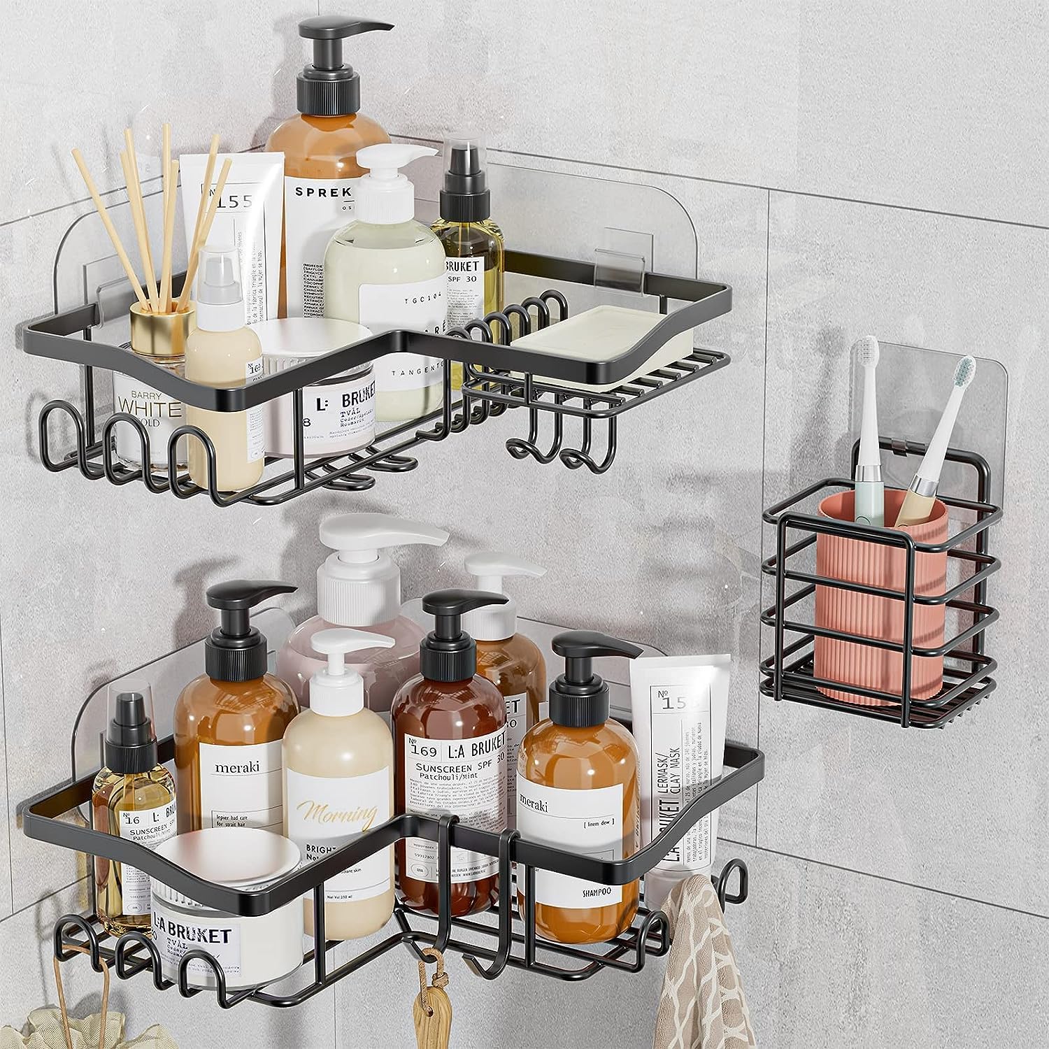 Shower Caddy Set, 3Pack Corner Shower Caddy Set with Holder & 15 Hooks, 304