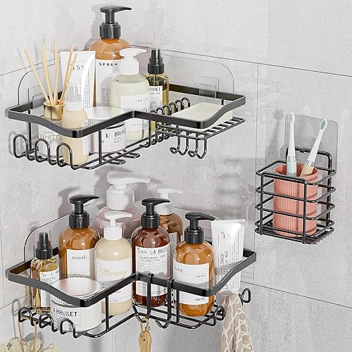 Miniatura 1 de Juego de organizador de ducha, juego de 3 organizadores de ducha esquineros con soporte y 15 ganchos, estantes de ducha de acero inoxidable 304 para