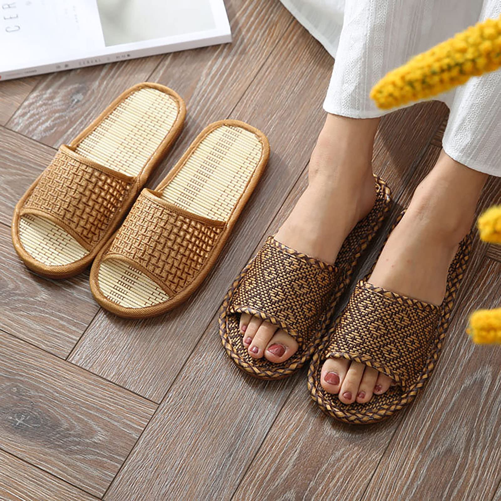 Generico Sandalias bajas para mujer con banda ancha – Zapatillas de verano para casa zapatillas Slide planta ancha Slippers sin tacón cómodas zapatillas de mimbre trenzadas planas ligeras cómodas para