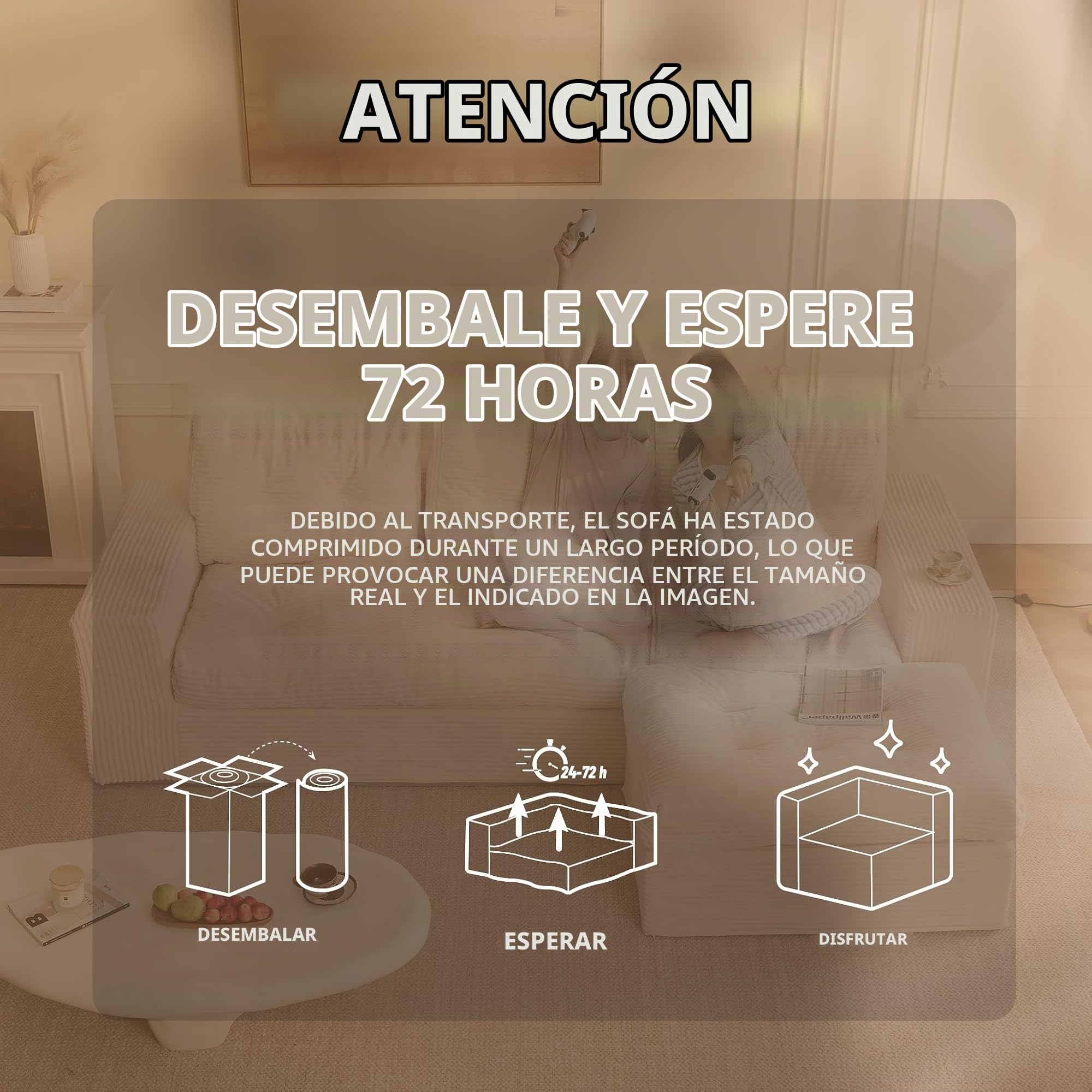 Sofá Chaise Longue 3 Plazas Modular con Puf Móvil, Pana, Beige | Sin Montaje, Asiento Profundo, Espuma de Alta Densidad, Cojines de Respaldo, Salón o Apartamento
