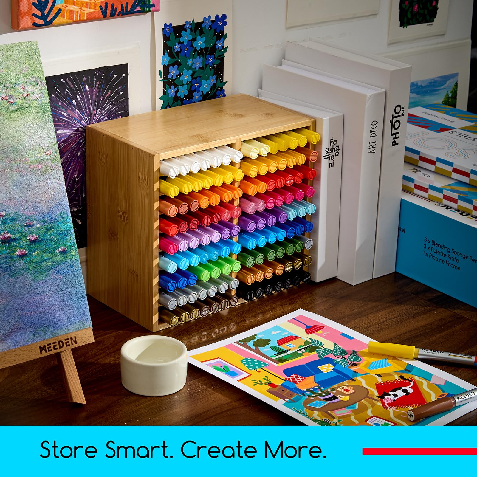MEEDEN Organizer per pennarelli in bambù: contiene 126 penne con 18 scomparti: contenitore per forniture artistiche e supporto per pennarelli ad alcool, penne, matite
