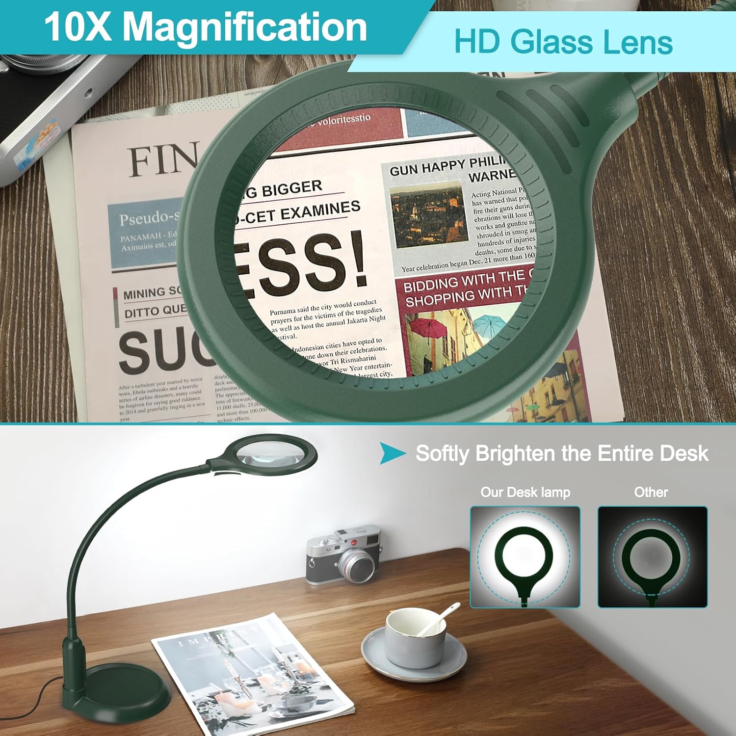 10X Magnifying Glass with Light and Clamp, 5 Color Modes Stepless Dimmable Lighted Magnifier with Stand, Flexible Gooseneck LED Desk Lamp Hands Free for Craft Painting Hobby Close Work - Green