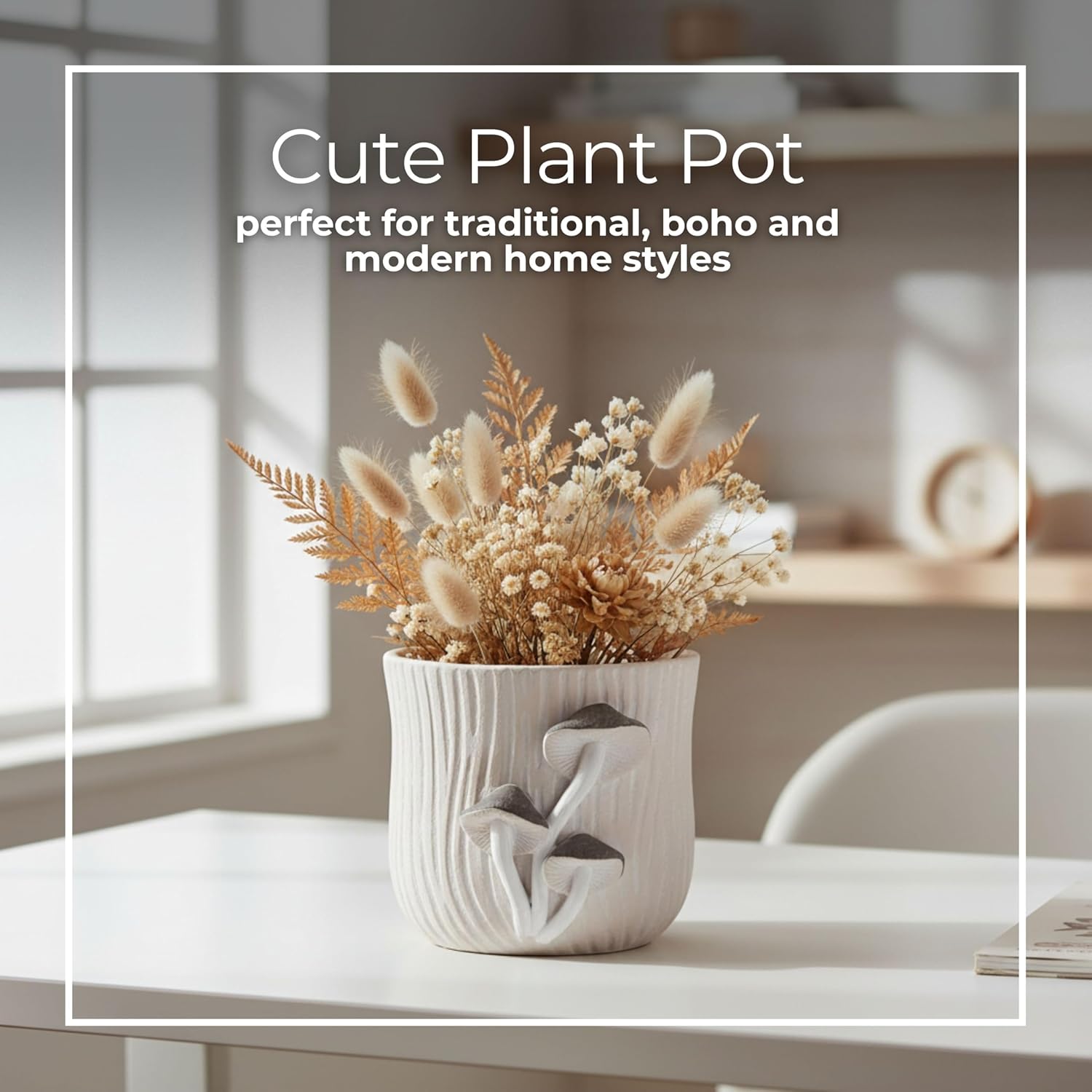 Cement Decorative Planter Pot Without Stand – Pottery Outdoor & Indoor Plant Pot with Mushroom Applique Pattern – Minimalist Modern Garden & Home Decor Cement Planters – 6", Gray