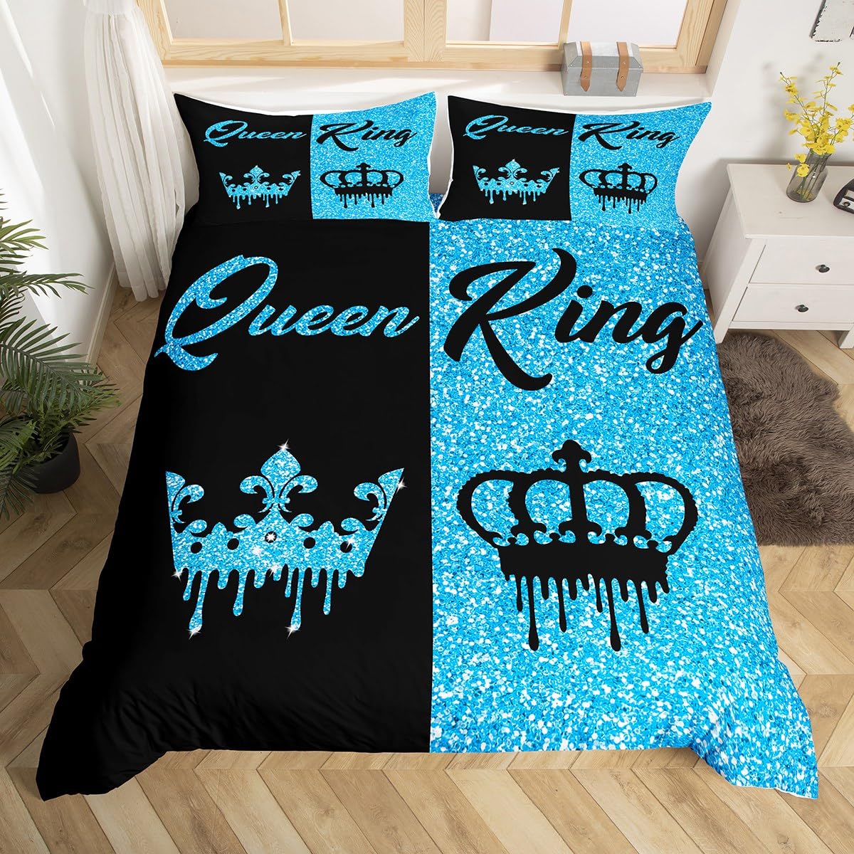 Homemissing Black and Blue Crown King and Queen Duvet Cover King Size for Adults Couple Men Women,Valentine'S Day Wedding Gifts,His and Hers Quilt Cover 2 Pillowcases Bedroom Decor(No Glitter)