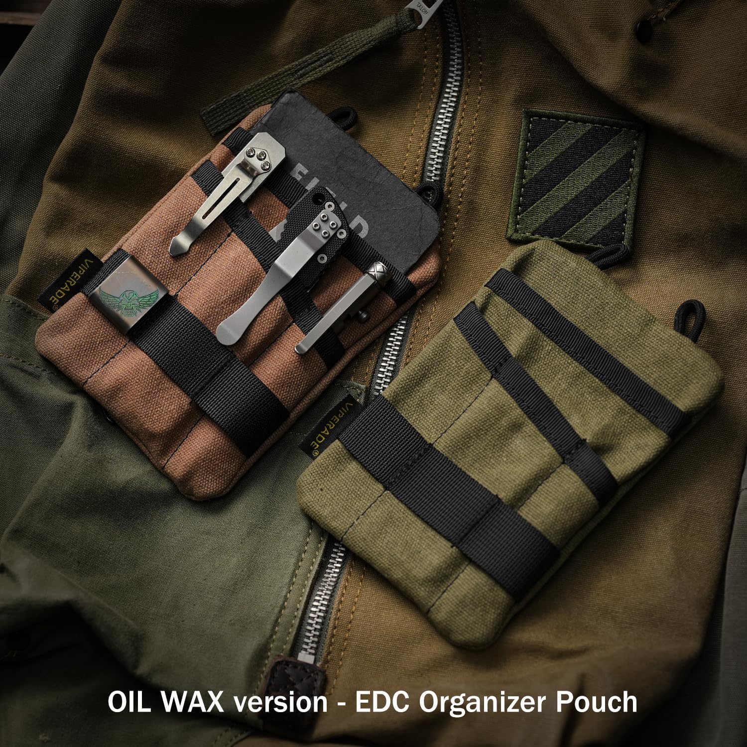 VIPERADE VE1-OW EDC Pouch, Waxed Canvas Pocket Organizer, EDC Pocket Organizer Pouch for Men, 3 Tool Slots with 1 Zipper Pocket Great for EDC Gears - Image 2