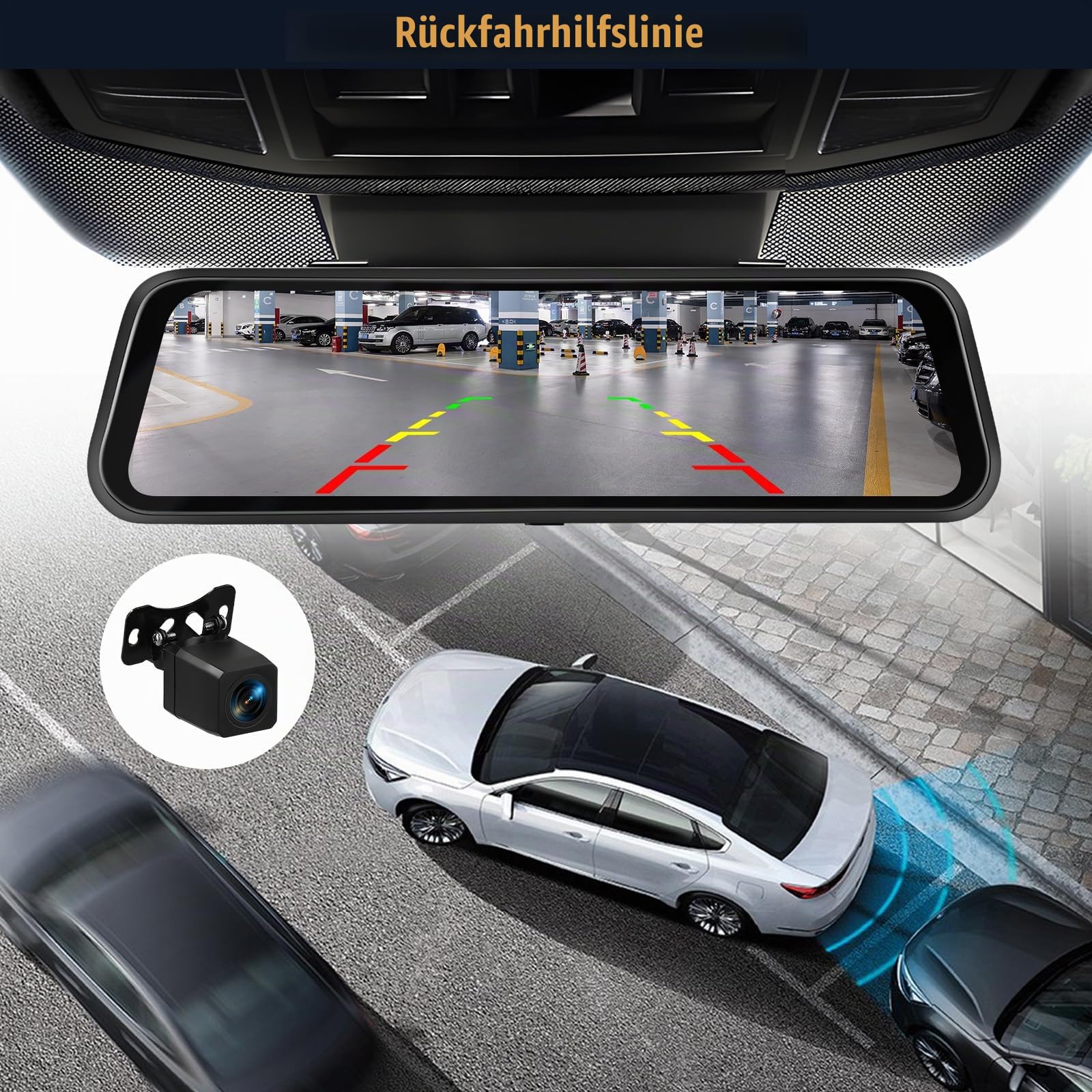 CAMECHO 2K Rückspiegel 9,66 Zoll Mirror Dash CAM Auto mit 2 Kameras 1080P, Vorne 150° und Hinten Dashcam 120° mit Rückfahrkamera, Nachtsicht, G-Sensor, 64 GB Speicherkarte, WLAN-App