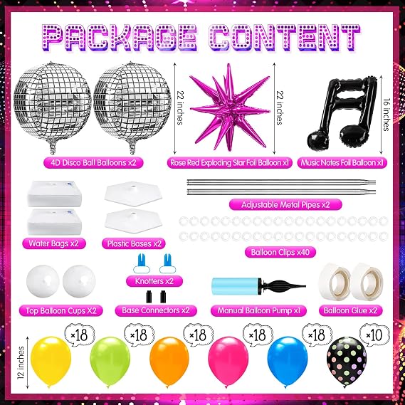 Kasyat 2 Sets 90s 80s Disco Balloon Column Stand Kit with Disco Ball Musical Note Exploding Star Balloon 90s 80s Theme Party Foil Decorations for Retro Theme Nostalgic Birthday Party