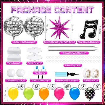 Kasyat 2 Sets 90s 80s Disco Balloon Column Stand Kit with Disco Ball Musical Note Exploding Star Balloon 90s 80s Theme Party Foil Decorations for Retro Theme Nostalgic Birthday Party