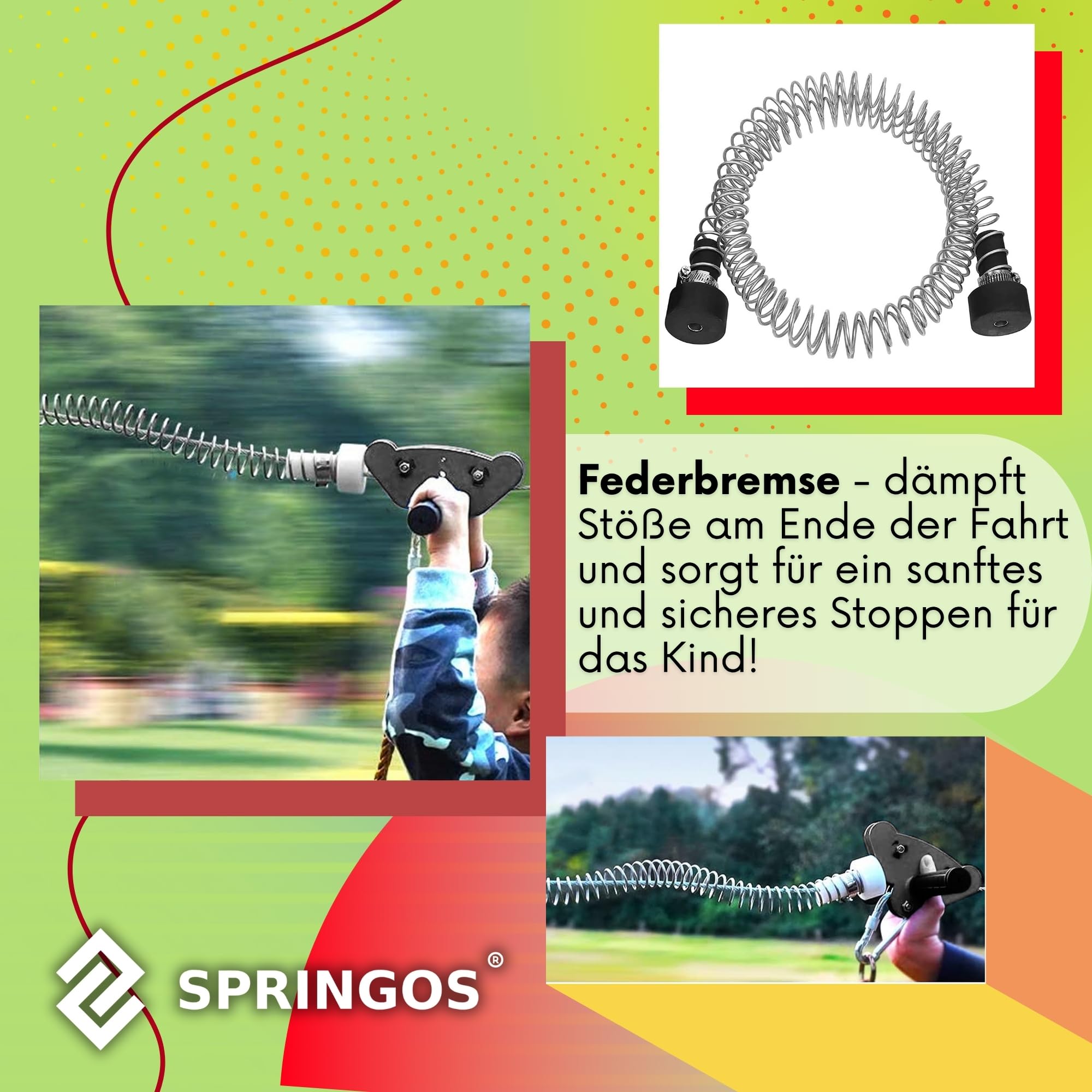 SPRINGOS Seilrutsche 30m für Kinder - Seilbahn Zipleine Set mit Rutschenwagen, Sitz, Sicherheitsbremse & Baumschutz - bis 120 kg - Klettergerät Outdoor