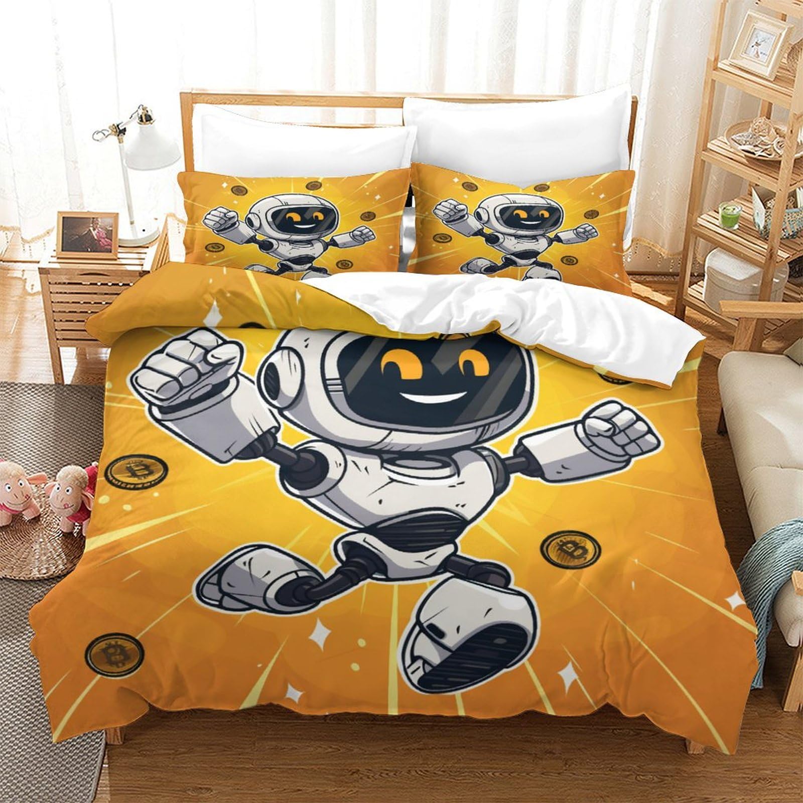 P1S9U7W5Y Energetic Cartoon Space Robot 3D Printed Microfiber Duvet Cover Set 3pcs Sci-Fi Robot Bedding Set Double（200x200cm）