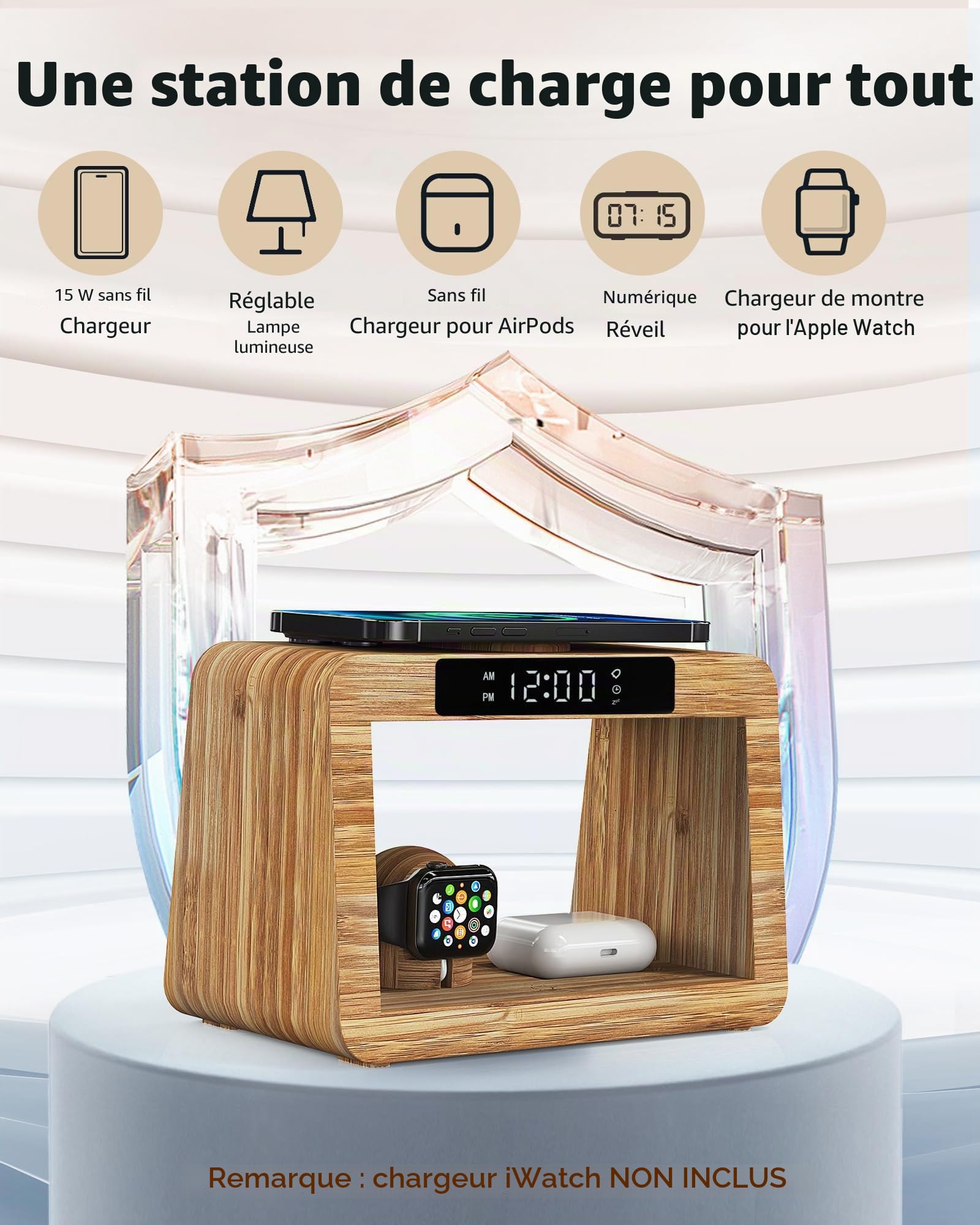 Station de Charge sans Fil avec réveil numérique et veilleuse, Chargeur Rapide sans Fil 5 en 1 avec Adaptateur et câble, Chargeur sans Fil pour iPhone, AirPods Pro, Apple Watch