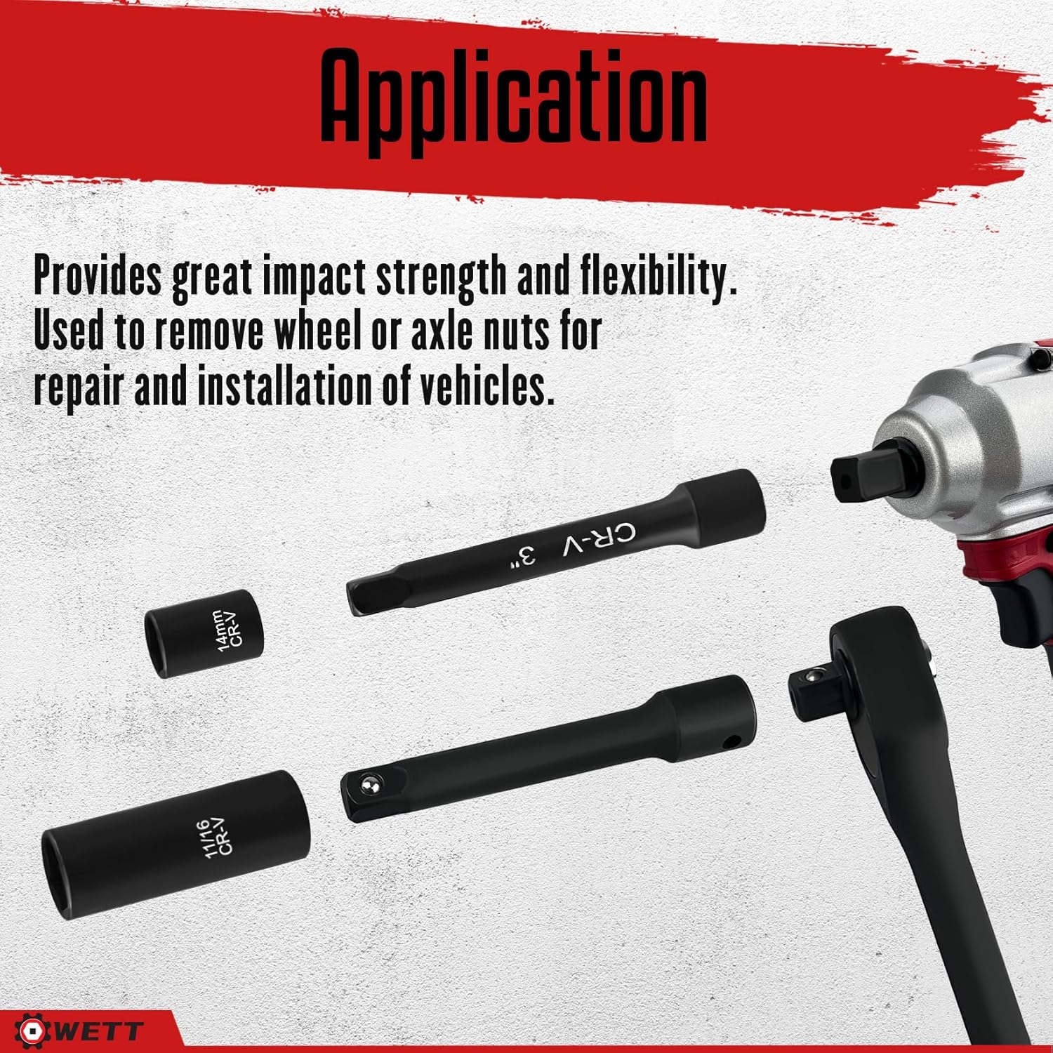 WETT 48-Piece 3/8" Drive Impact Socket Set, SAE/Metric, Deep/Shallow Sockets (5/16"-3/4", 8-22mm) with 3", 6" Extension Bar, 3/8" Universal Joint, 3/8" to 1/2" Adapter, Cr-V Steel, 6 Point