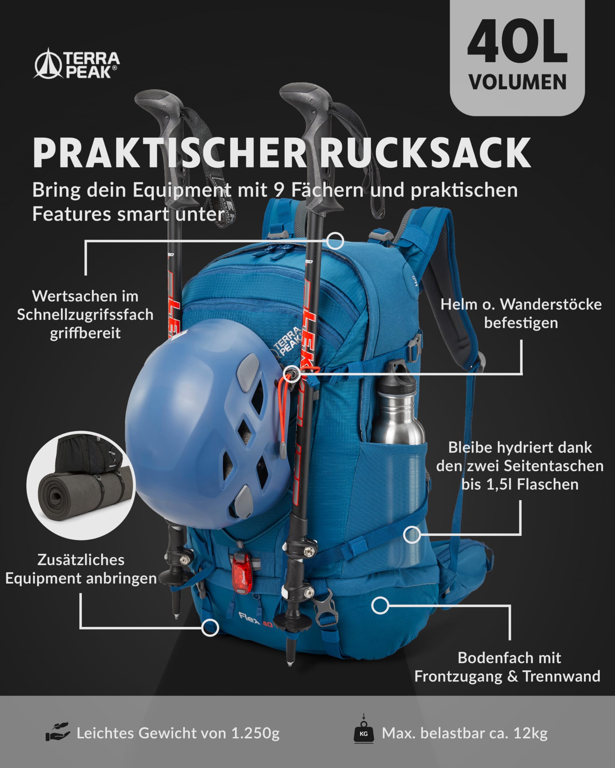 Terra Peak® Premium Wanderrucksack 40L (FLEX 40) für Damen & Herren groß mit Rückenbelüftung, Regenschutz & Trinksystem-Halterung - Ergonomischer Trekkingrucksack atmungsaktivem 3D Air Mesh & Hüftgurt