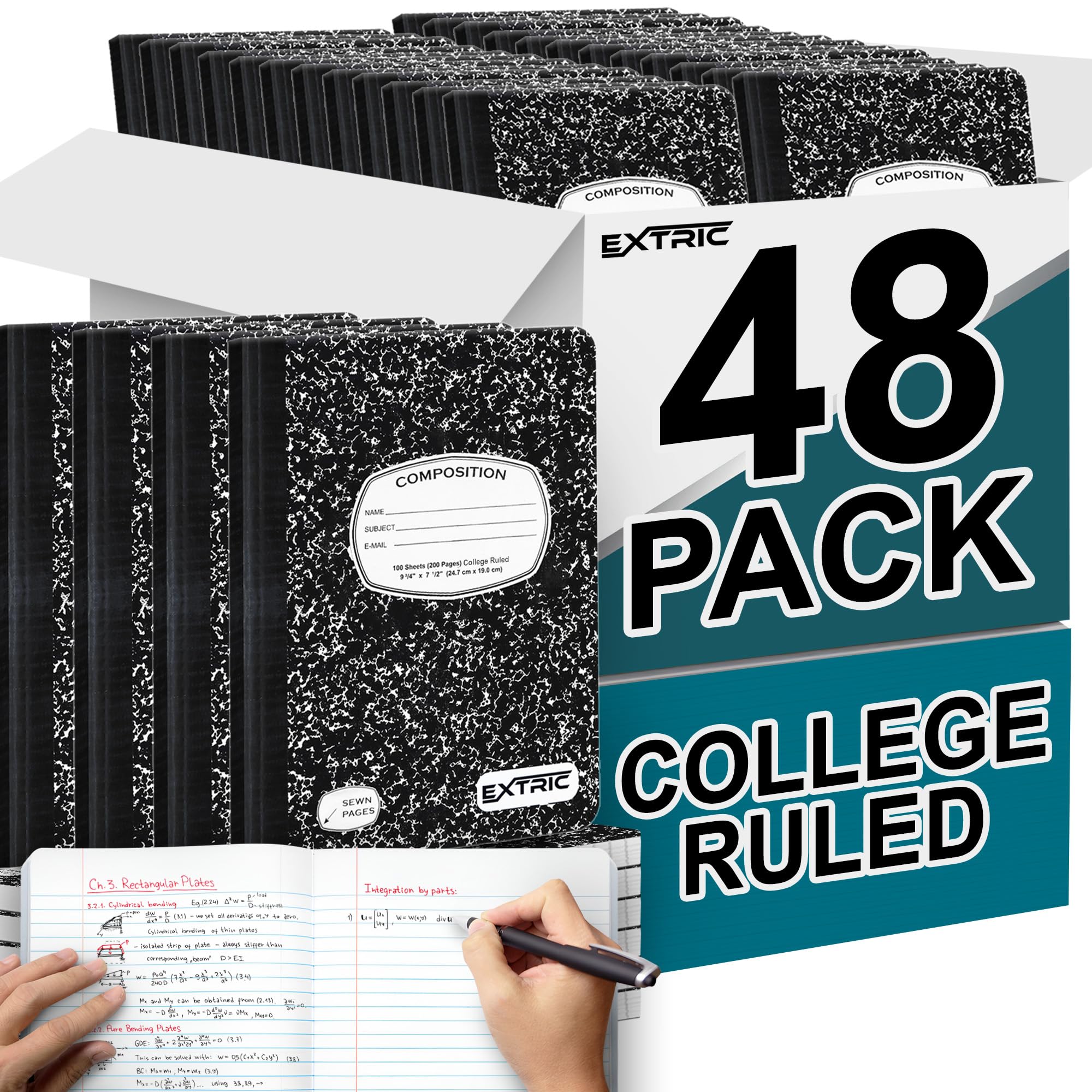 EXTRIC Composition Notebook College - Confezione da 48 quaderni a righe per scuola, 200 pagine (100 fogli), senza sbavature, colore nero marmo, 24,8 x 19,1 cm