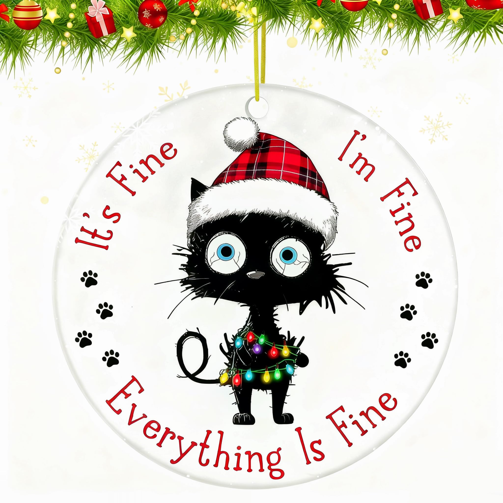 Cat Christmas Ornaments 2025, Black Cat Christmas Tree Decorations Hanging Ornaments, It's Fine I'm Fine, 2 Side Printed Party Decorations Supplies