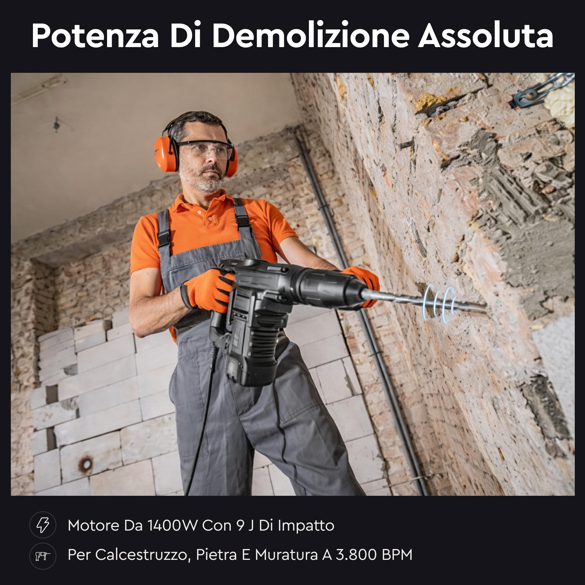 Martello Perforatore Elettrico BH-30 1400W SDS Max 9J - Trapano Tassellatore a Percussione 3800 colpi/min con Regolazione Velocità, Frizione R-Control e Accessori Inclusi di Dnipro-M