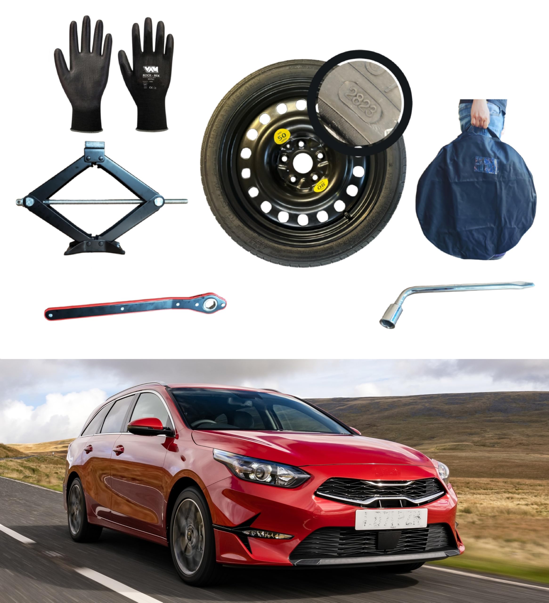 Kit de rueda de repuesto de 16 pulgadas, compatible con Kia Ceed/Ceed Sportwagon con gato, llave, guantes y bolsa