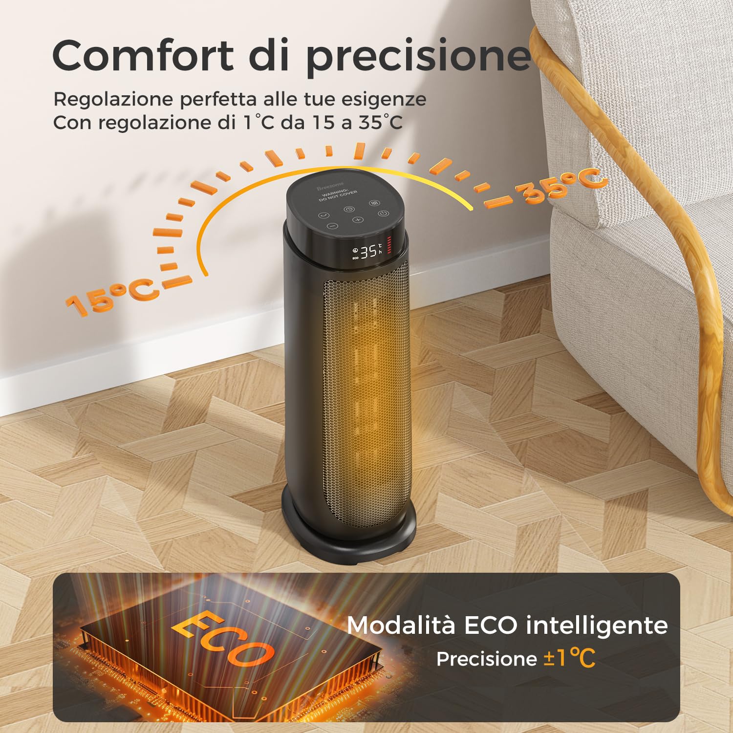 Aroeve Stufetta Elettrica Basso Consumo, Potente 2000W PTC Stufa Elettrica, 4 modalità inclusa ECO, 90° Oscillazione, Timer 24H, Telecomando, Protezione da Surriscaldamento e Ribaltamento, Casa