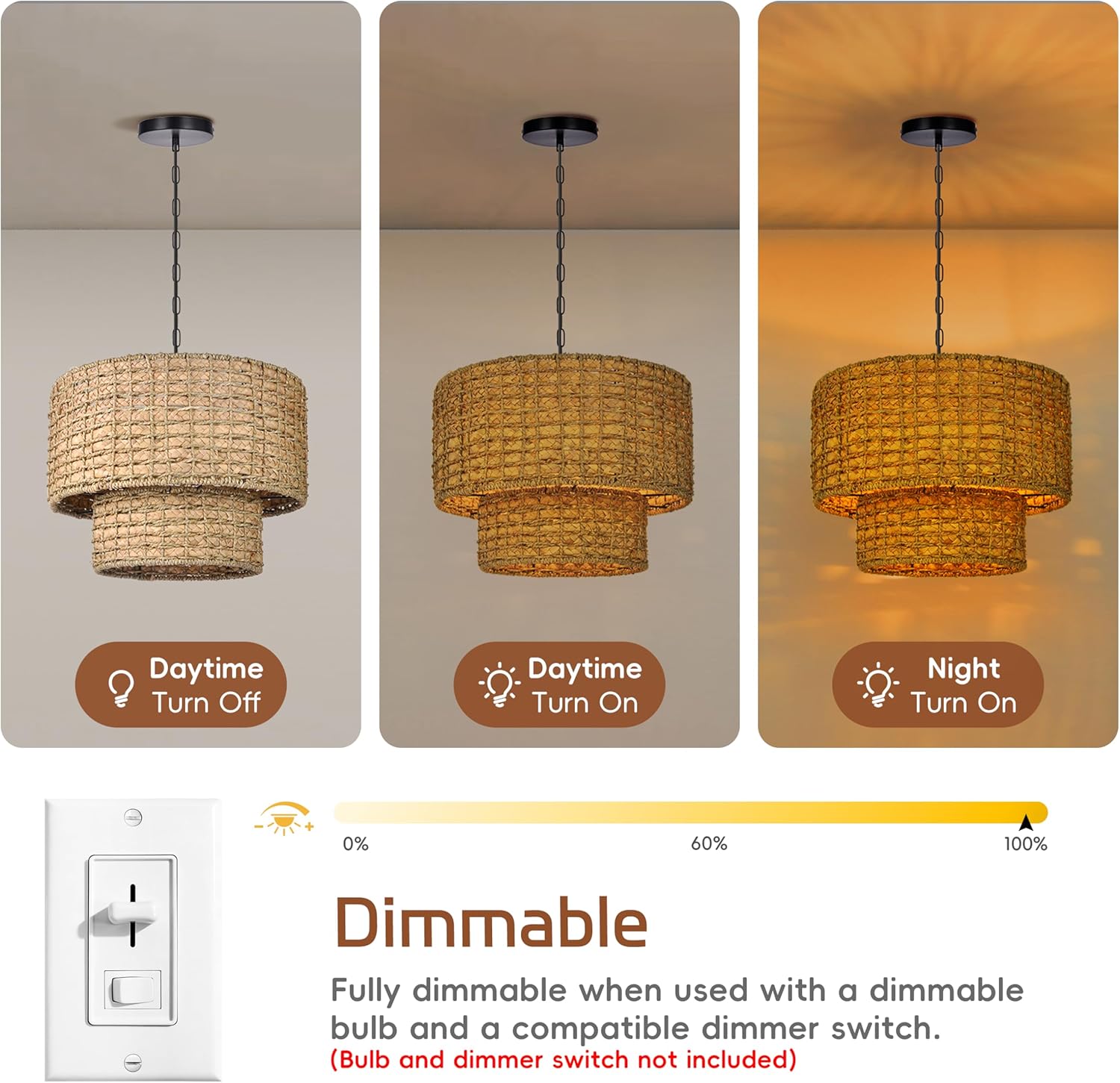 15.7" Boho Rattan Chandelier Light Fixture 1-Light Hand Woven Rustic Chandeliers with Wicker Shade, Farmhouse Chandelier Hanging Lamp for Dining Room Kitchen Island, Living Room, Foyer