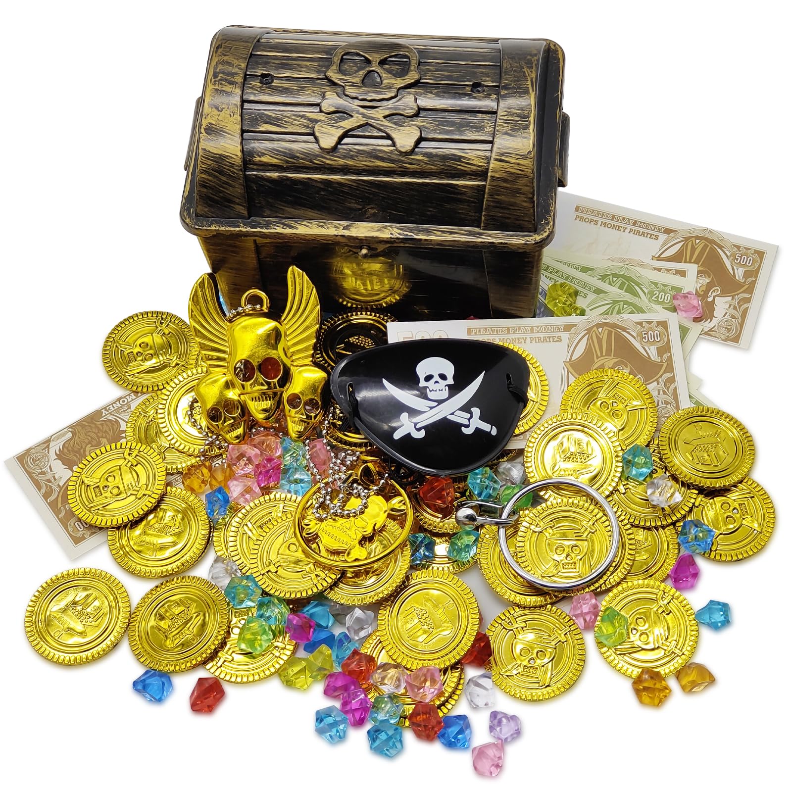 Vintage Skull Pirate Treasure Chest, Children's Toy Treasure Chest, Used to Store Small Items, Contains a Skull Treasure Chest, Gems and Gold Coins wait, Suitable for Pirate Parties, Birthday Gifts,