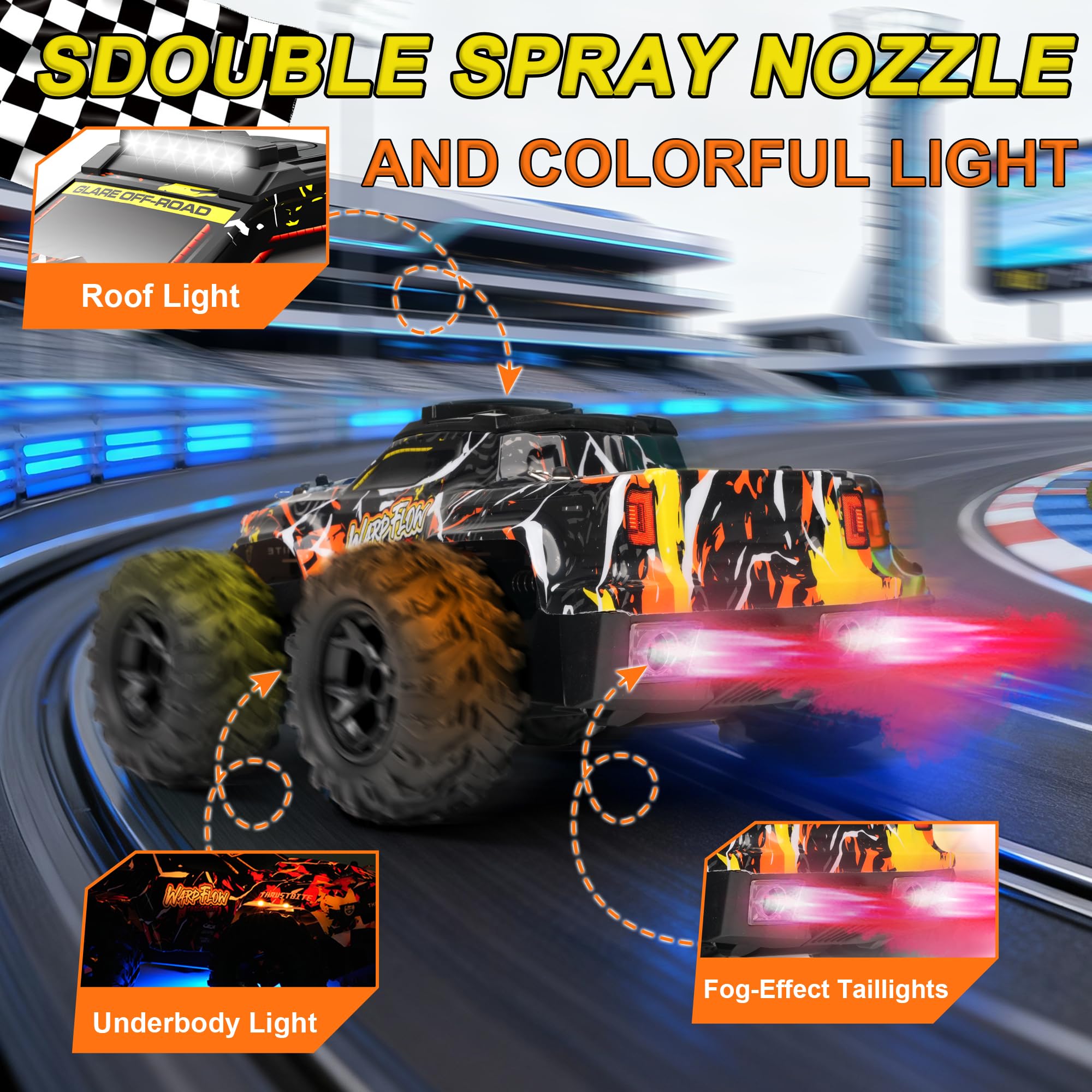 BAZADER Remote Control Cars RC Truck 1:18 RC Car with LED Light 2.4GHz All Terrain Off Road Truck Toys - High Speed 25KMH+ with Spray 60 Mins Playtime Fast Racing Toy for Kids Adults - Image 3