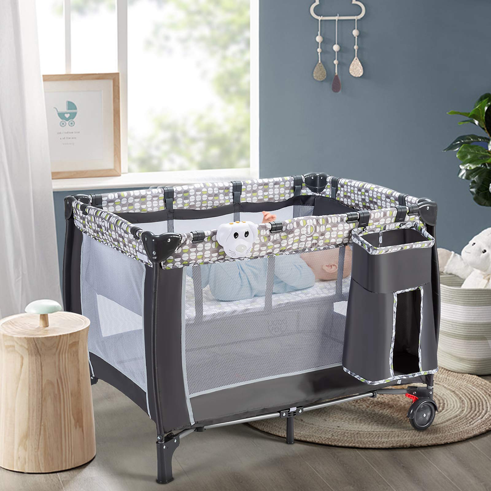 COSTWAY Lit Parapluie Bébé Pliant 4 en 1 avec Matelas,Filet Amovible Réglable Table à Langer et Sac de Transport Parc de Jeu Pliable Roues Verrouillables Gris
