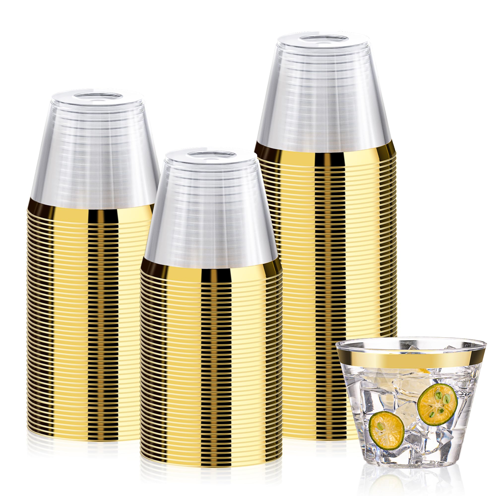 Bestluck 100Pack 9oz Gold Plastic Cups,Clear Disposable Cups with Gold Rim