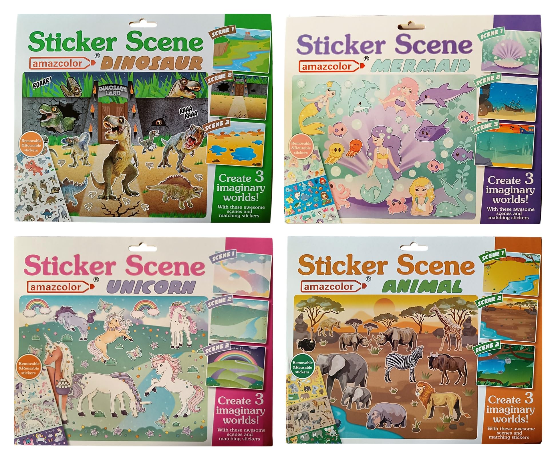 MONKEYTAIL Assorted Reusable Sticker Activity Pad | Set of 4 | Animal, Mermaid, Unicorn, Dinosaur Themes with 12 Scenes, Art & Craft Activity for Kids | Birthday Return Gifts for Kids of All Ages (B0CLRDFMNL) Amazon Price History, Amazon Price Tracker