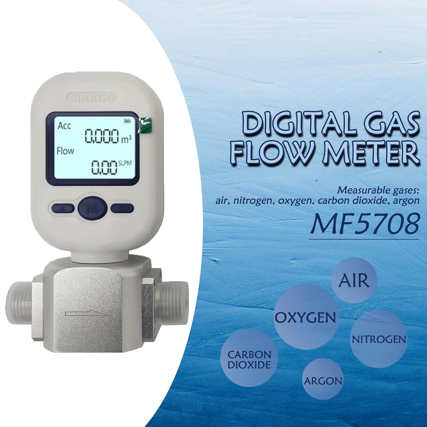 Flow Meter Gas 3/8" NPT Digital Gas Mass Flow Sensor 0-100L/m Air Flow Tester Sensor Oxygen, Nitrogen, Air Flow Tester MF5708