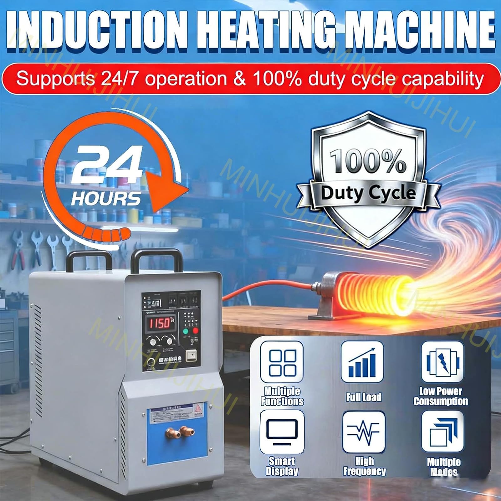 Indukcyjny system obróbki cieplnej, nagrzewnica o wysokiej częstotliwości 15 kW, praca 220 V, zakres częstotliwości 30–100 kHz, funkcja natychmiastowego rozruchu, temperatura 40°C – 2000 °