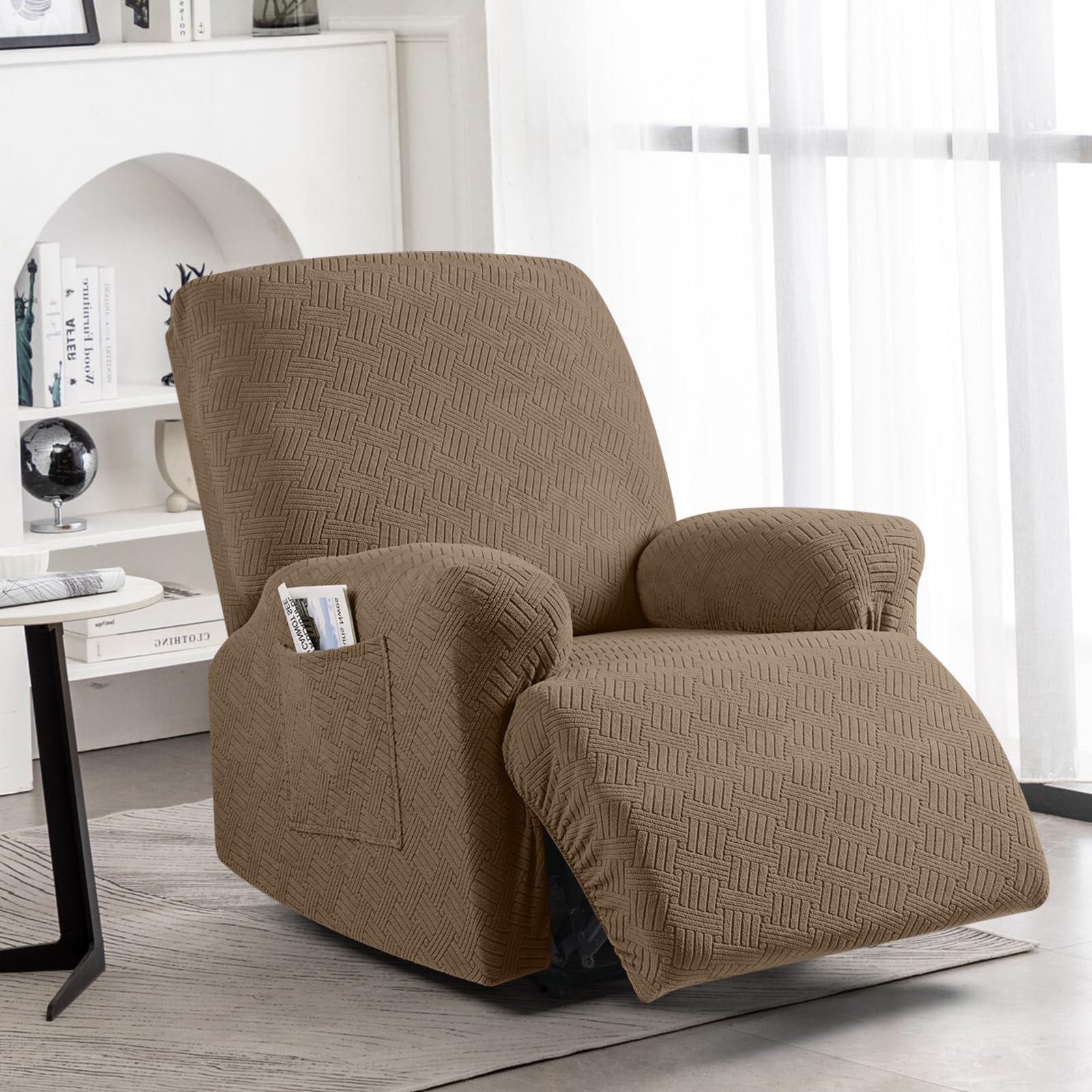 KinCam Jacquard Recliner Chair Cover, Stretch Armchair Covers with Armrest & Pocket, Soft Couch Cover Sofa Protector for Dogs & Pets, Washable Non Slip Sofa Slipcover (1 Seater, Light Brown)
