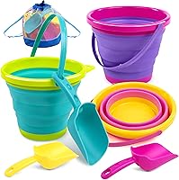 Vista 9 de JOYIN Paquete de 3 cubos plegables con palas y bolsa de malla, cubos plegables multiusos para playa, equipo de campamento, fiesta en la playa, pesca