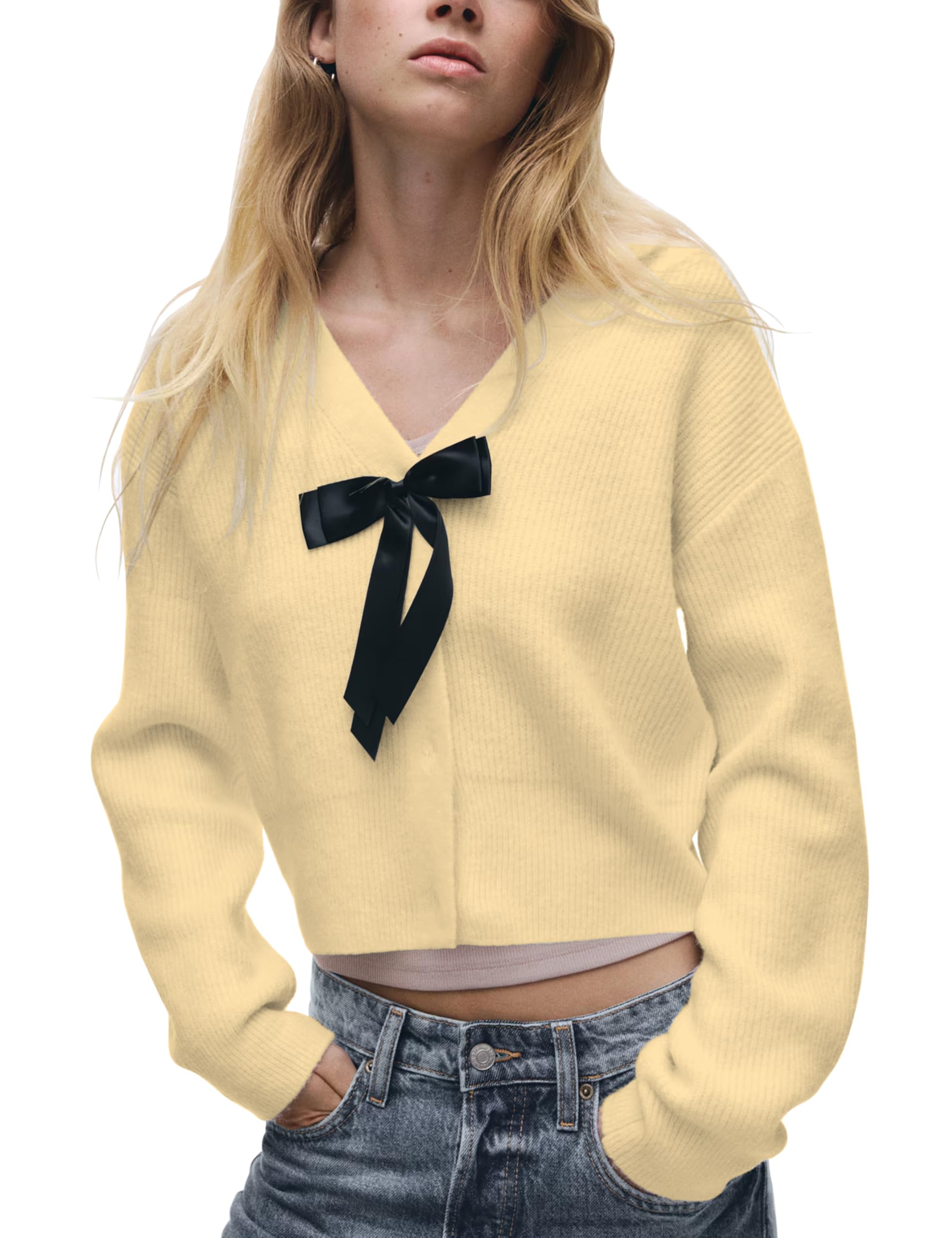 Womens Cardigan Sweaters Lightweight Button Down Fall Knit Tops with Bows Casual