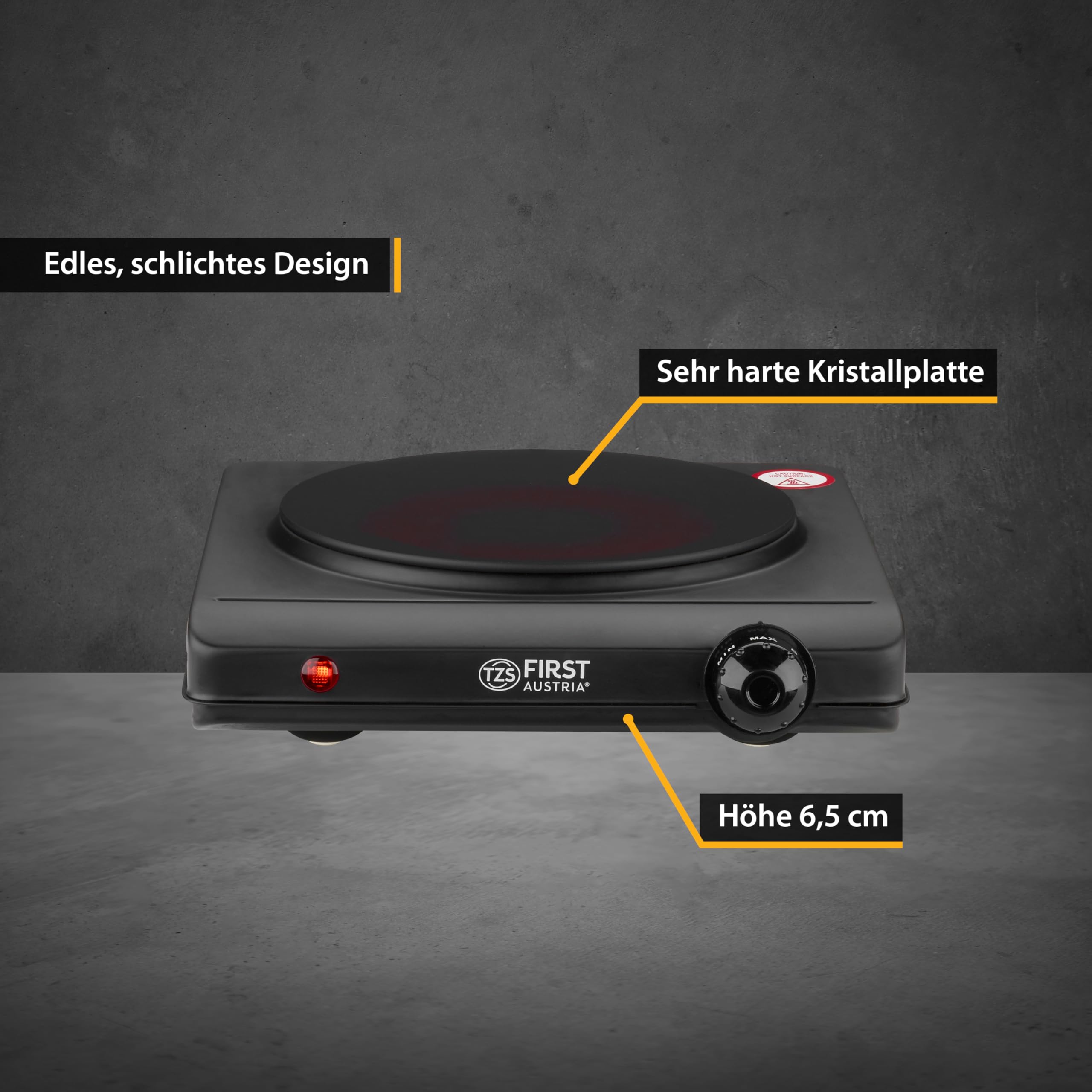 TZS First Austria - Kochplatte Infrarot 1er Glaskeramik-Herdplatte ALLE Topfarten 1250W - Einzelkochplatte Kochfeld elektrisch für Umzug, Camping & Wohnung - Stufenlose Einstellung & Kontrollleuchte