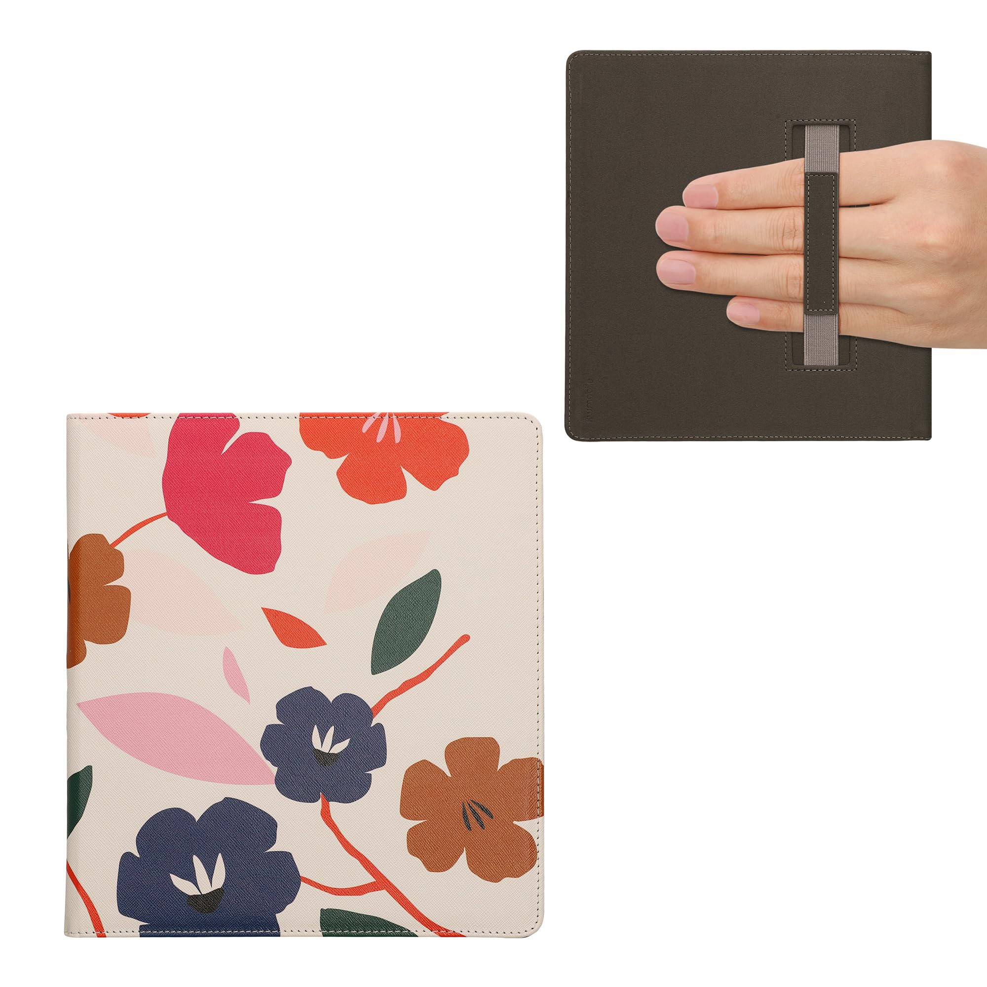 kwmobile Schutzhülle für Amazon Kindle Scribe (2022/2024) Hülle - eReader Flip Case mit Handschlaufe und Auto Sleep Funktion - Blumen Farbenfroh mit Pink Dunkelblau Creme