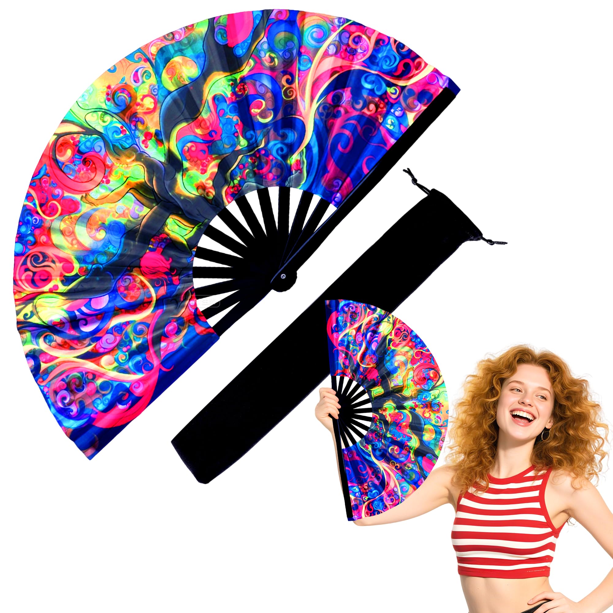 13 Inch Large Rave Fan &amp; Clack Fan for Line Dancing - Folding Hand Fan with UV Glow for Boots on The Ground, Performance, Wedding, Party - Portable Handheld Fan for Women &amp; Men